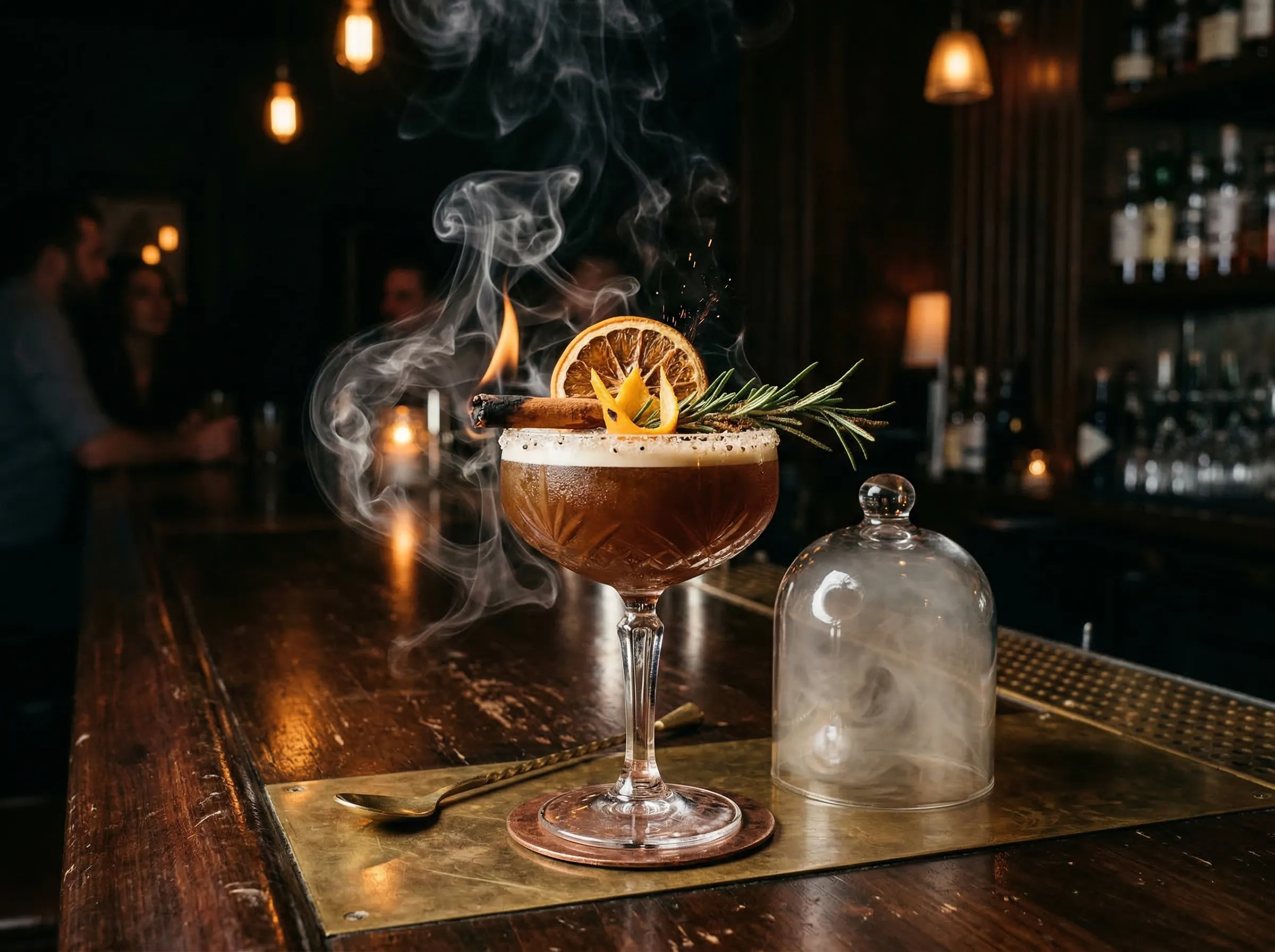 Elaborate craft cocktail with smoke effects