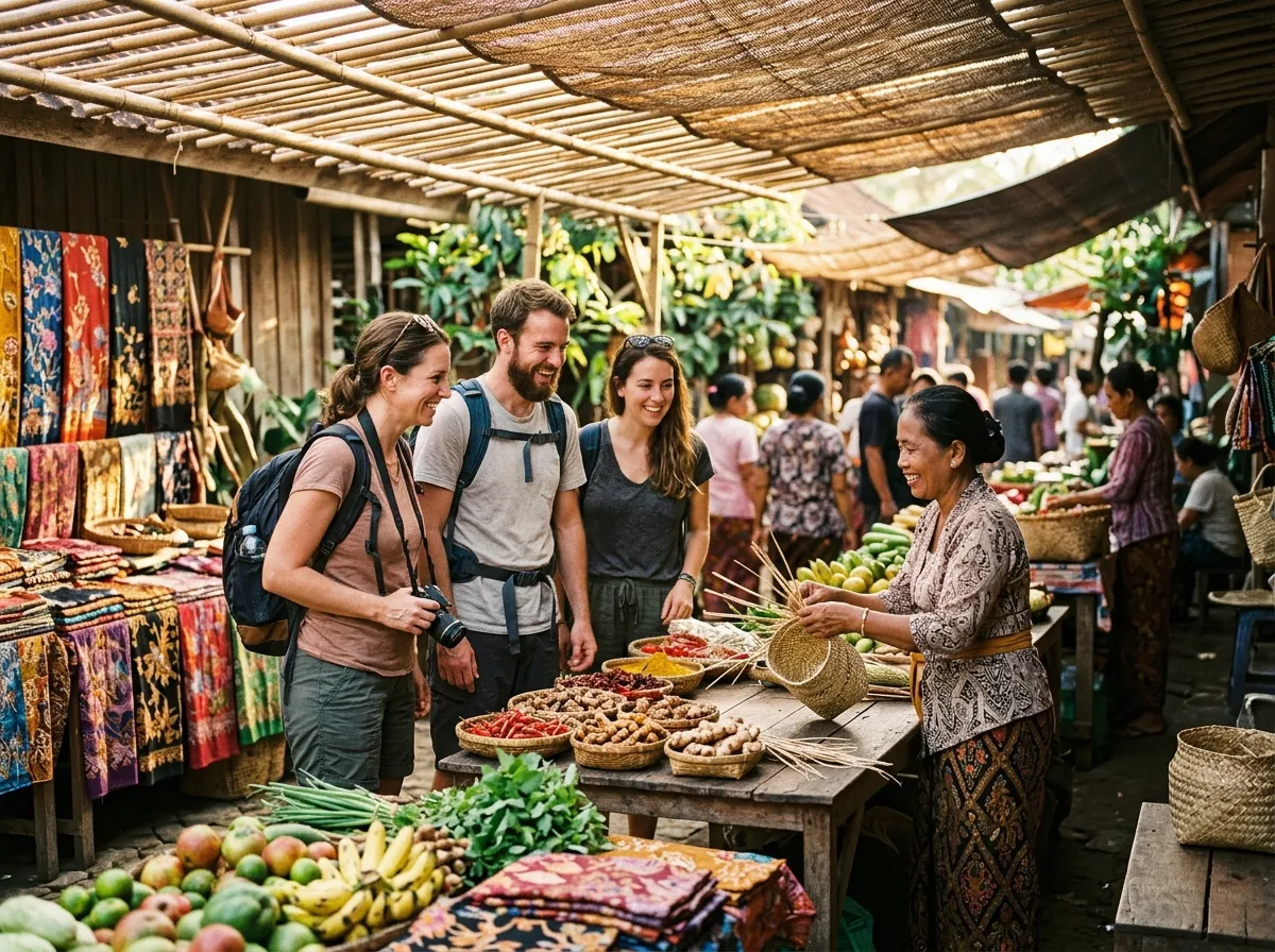 Travelers exploring a traditional village market
