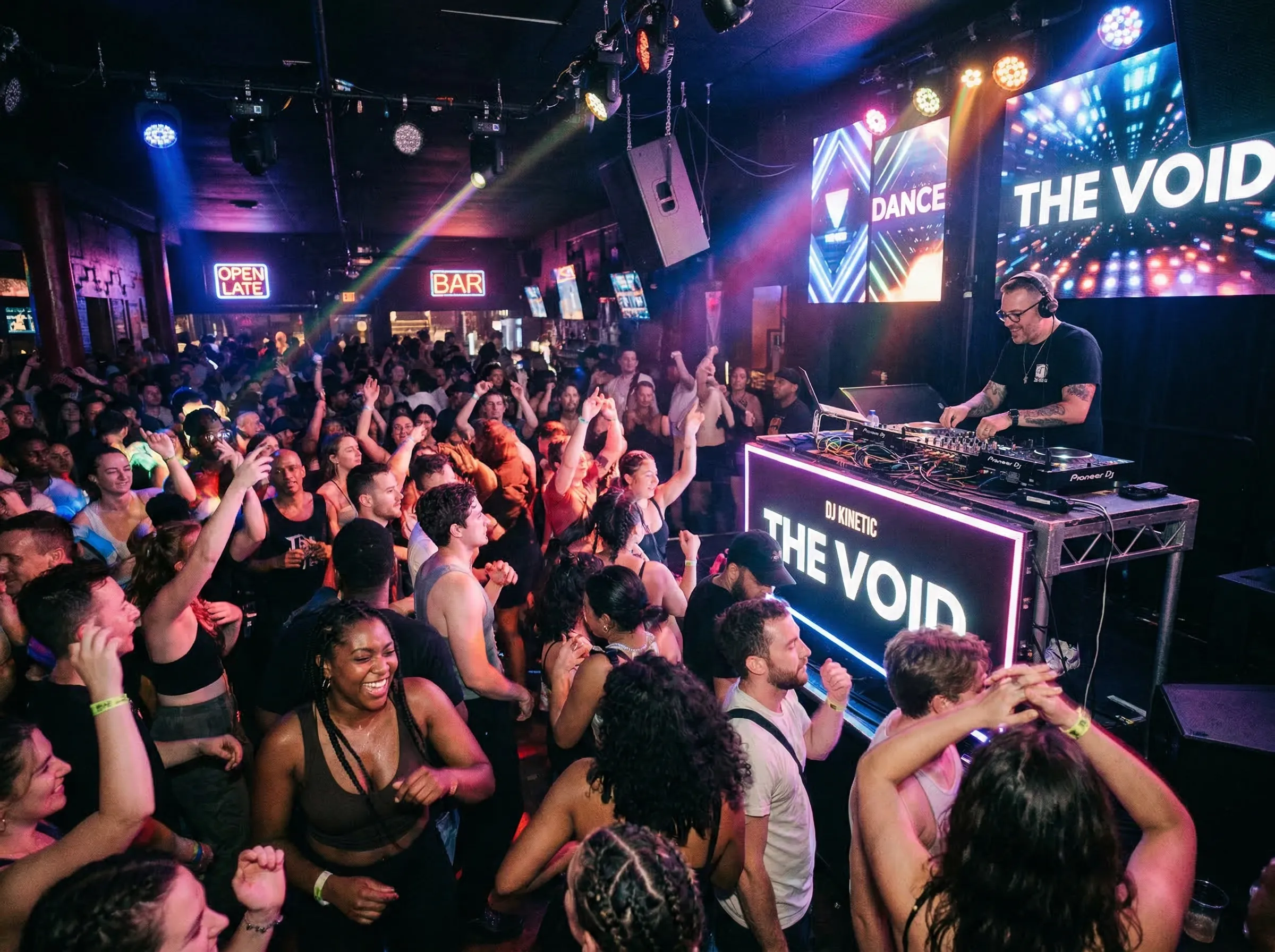 Packed dance bar with colorful lights and DJ