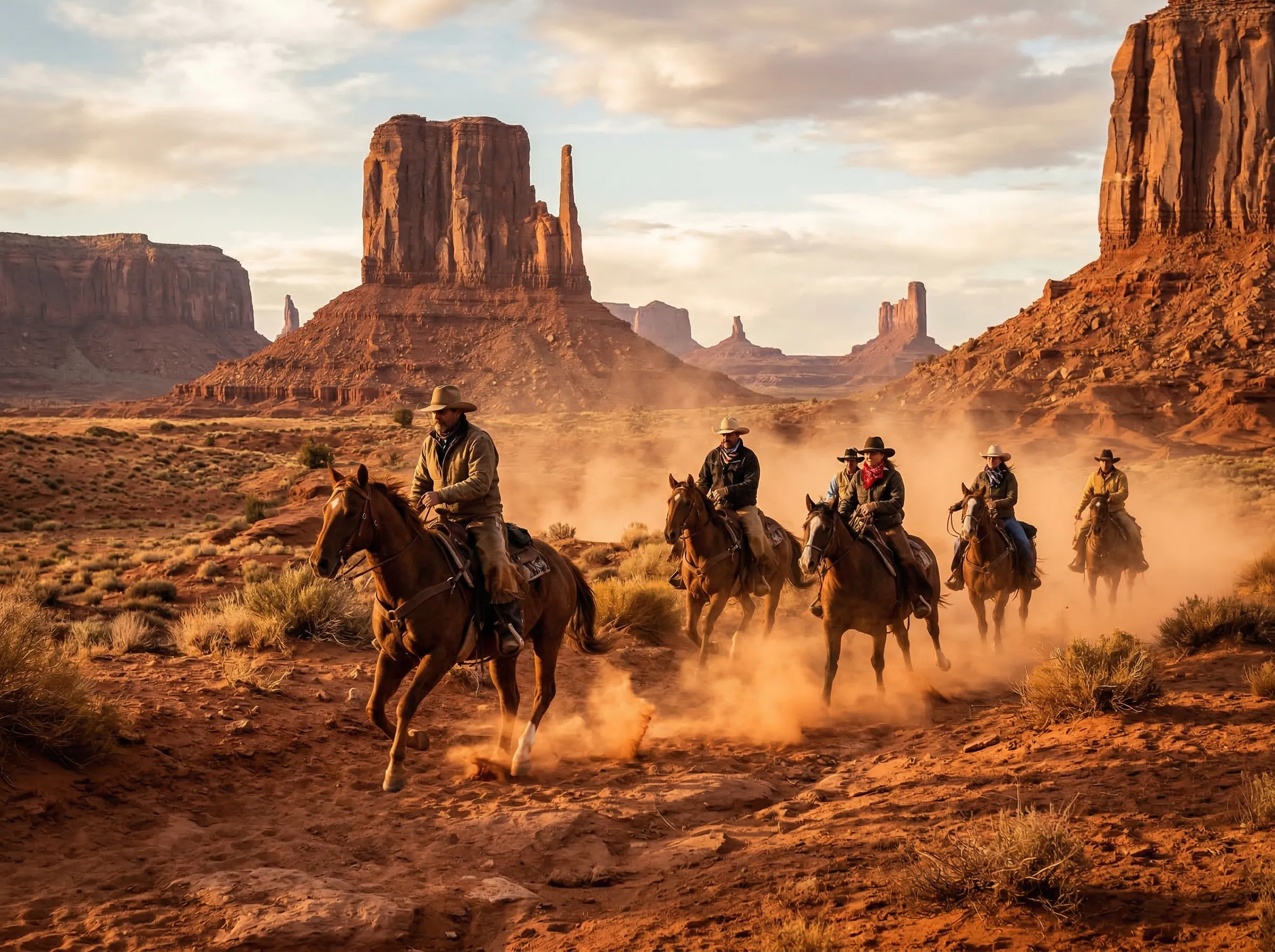 Horseback riders cantering across a red desert landscape