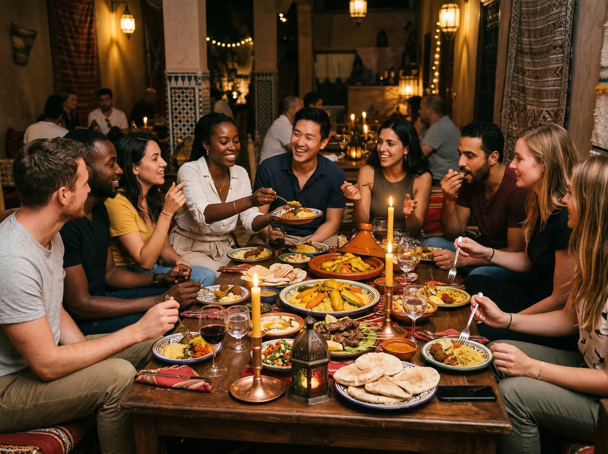 Sharing a communal platter of traditional dishes