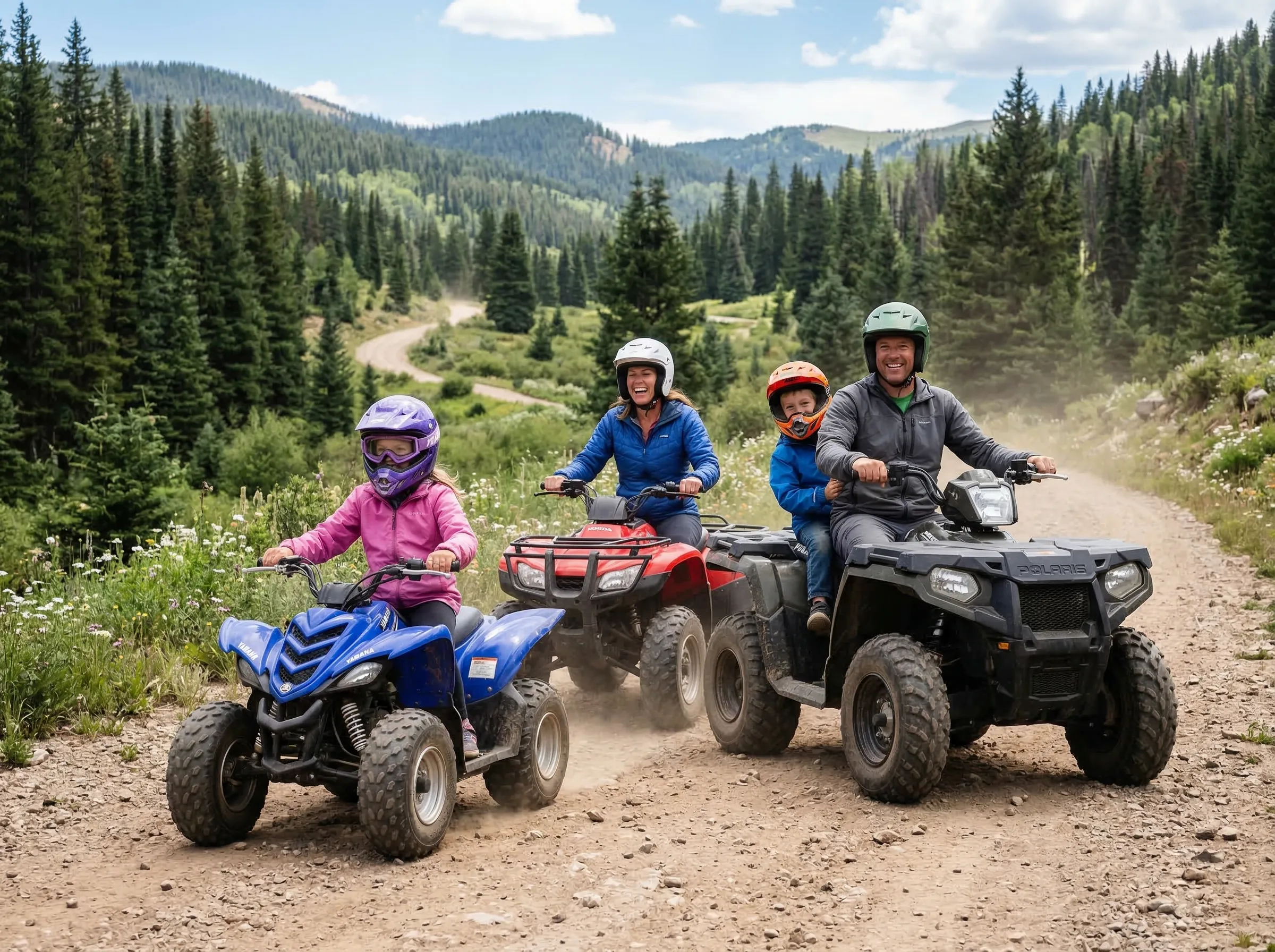Family of parents and kids on ATVs on a beginner trail