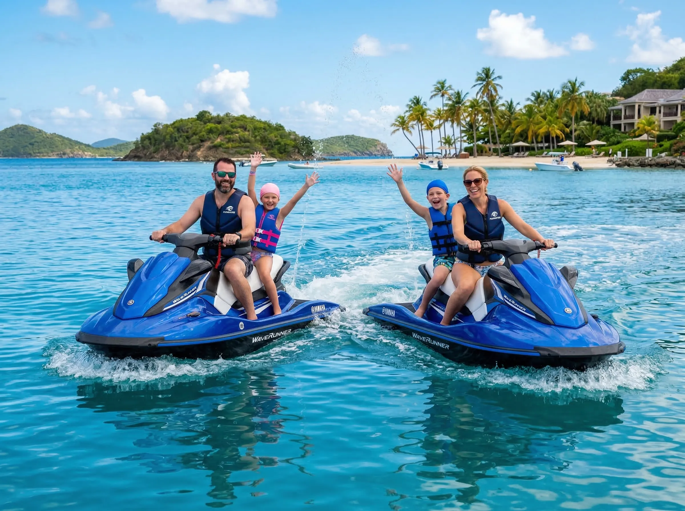 Family of four on jet skis on a tropical bay