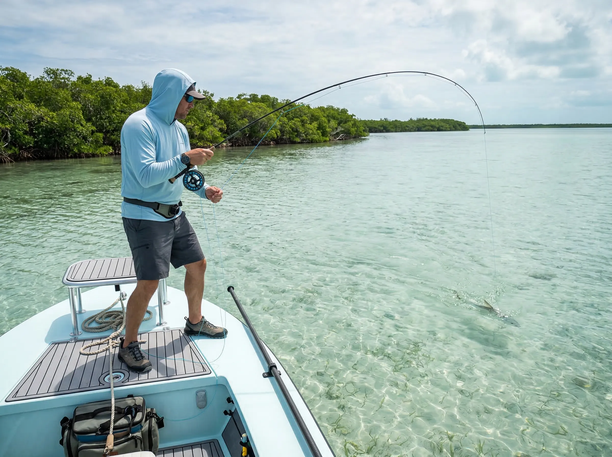 Fly fishing on crystal clear tropical flats
