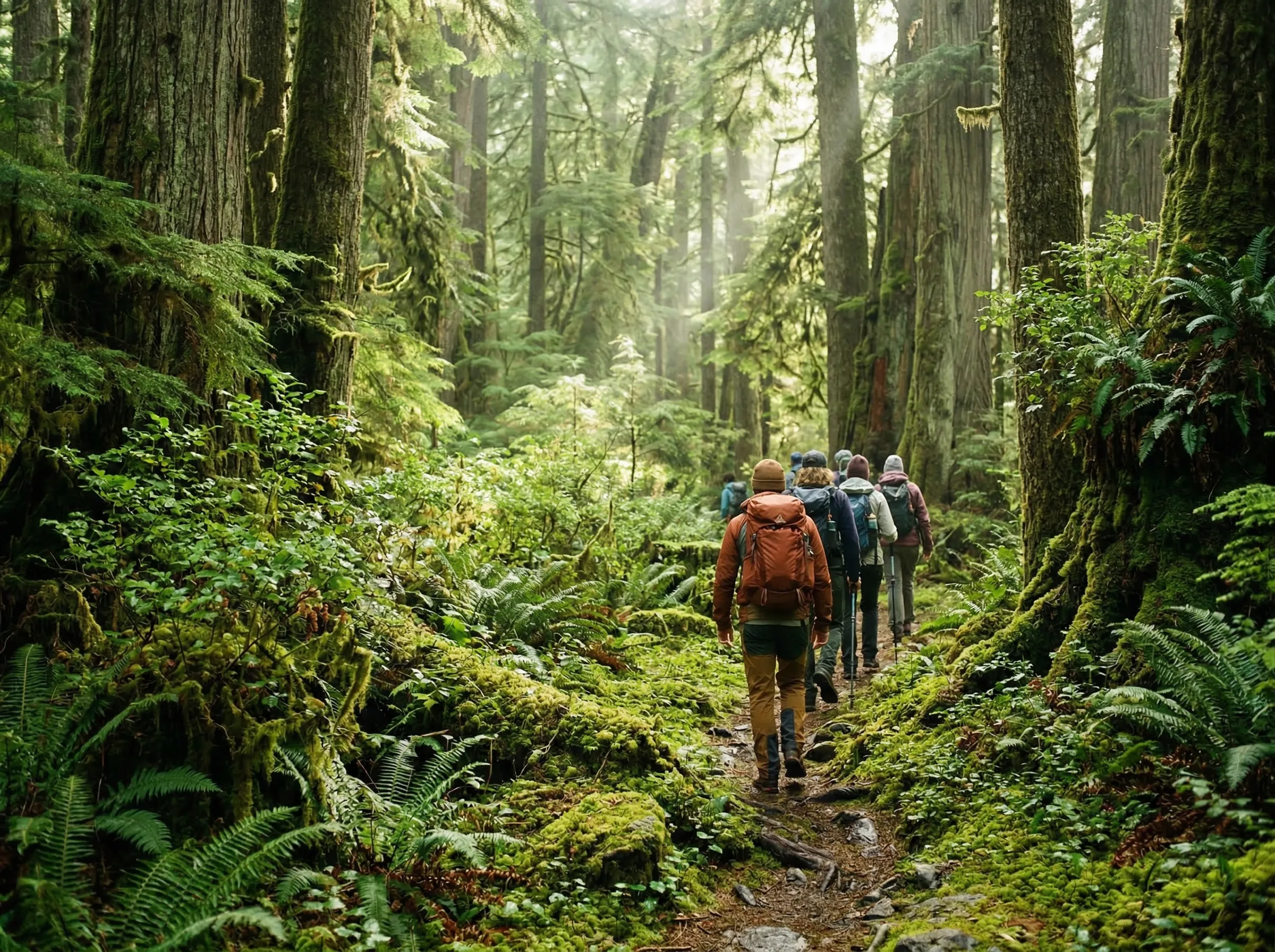 Hikers on a mossy trail through ancient old-growth trees
