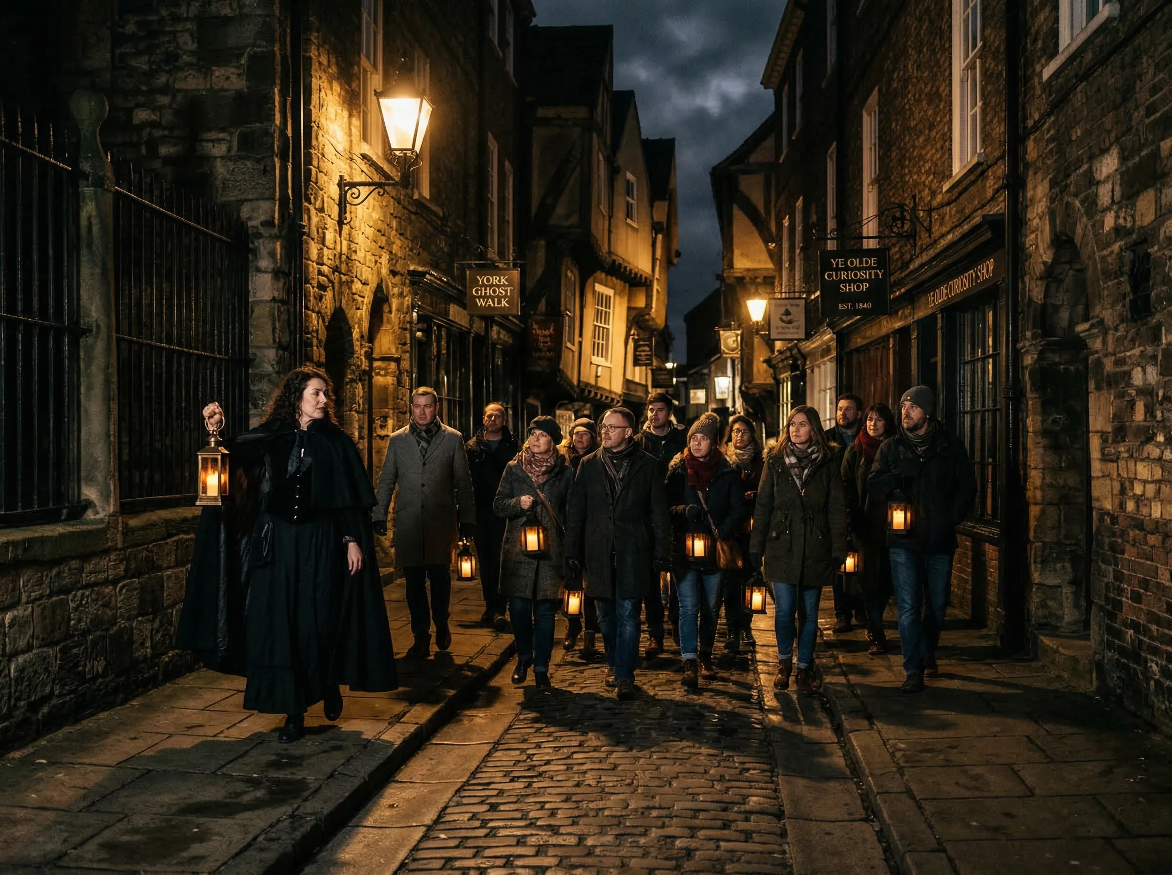 Ghost tour group through gaslit historic street at night