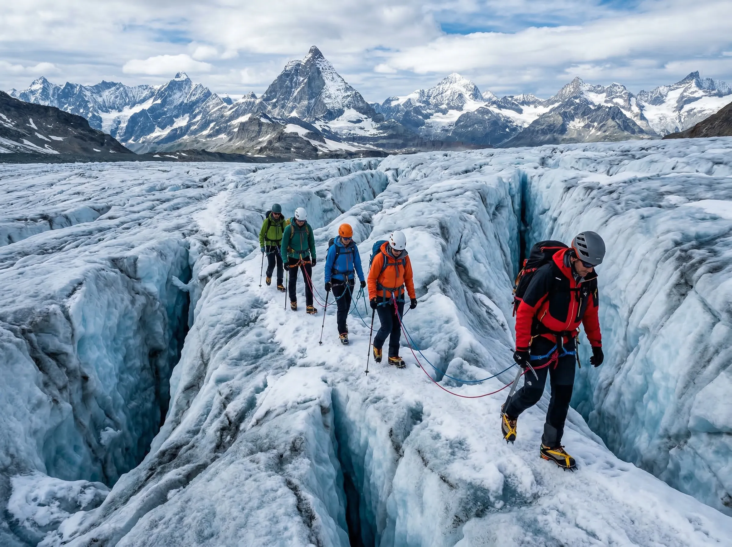 Guided hike on a blue-tinged glacier with crampons