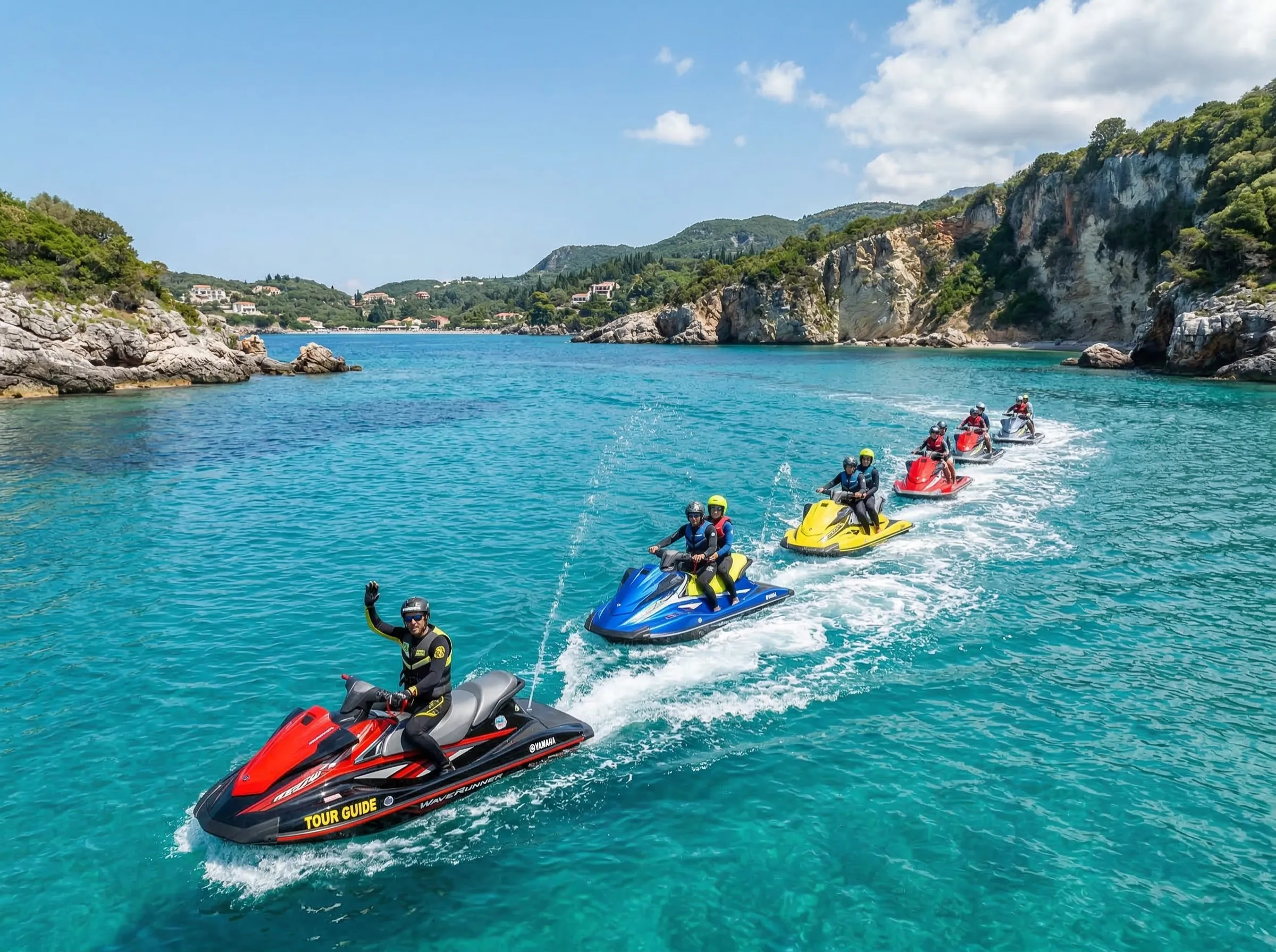 Guided jet ski tour group along scenic coastline