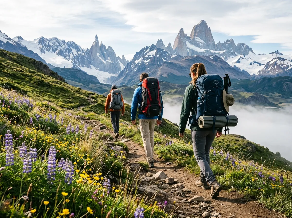 Hikers trekking through alpine meadows with mountain peaks