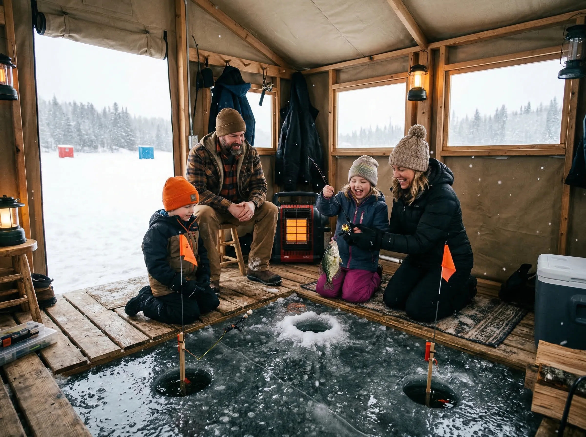 Cozy ice fishing shelter on a frozen lake