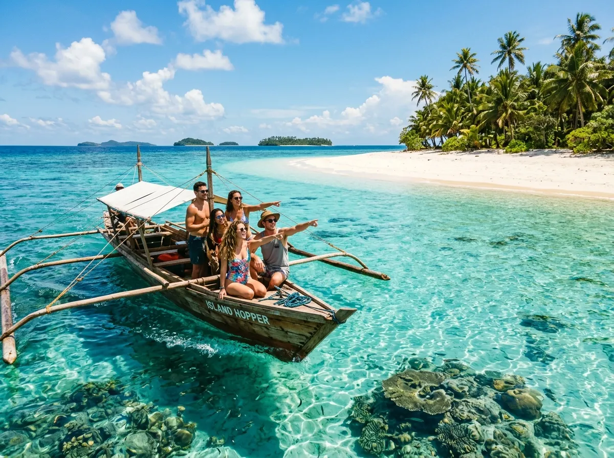 Boat approaching a tropical island on an island hopping adventure