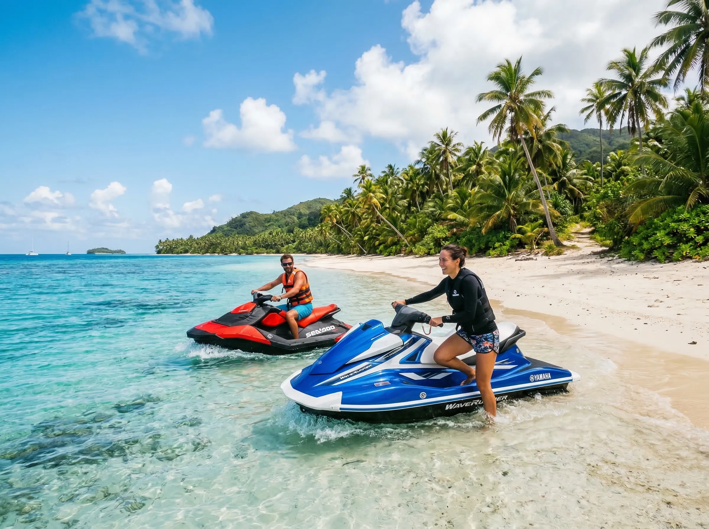 Jet skiers pulling up to a tropical island beach