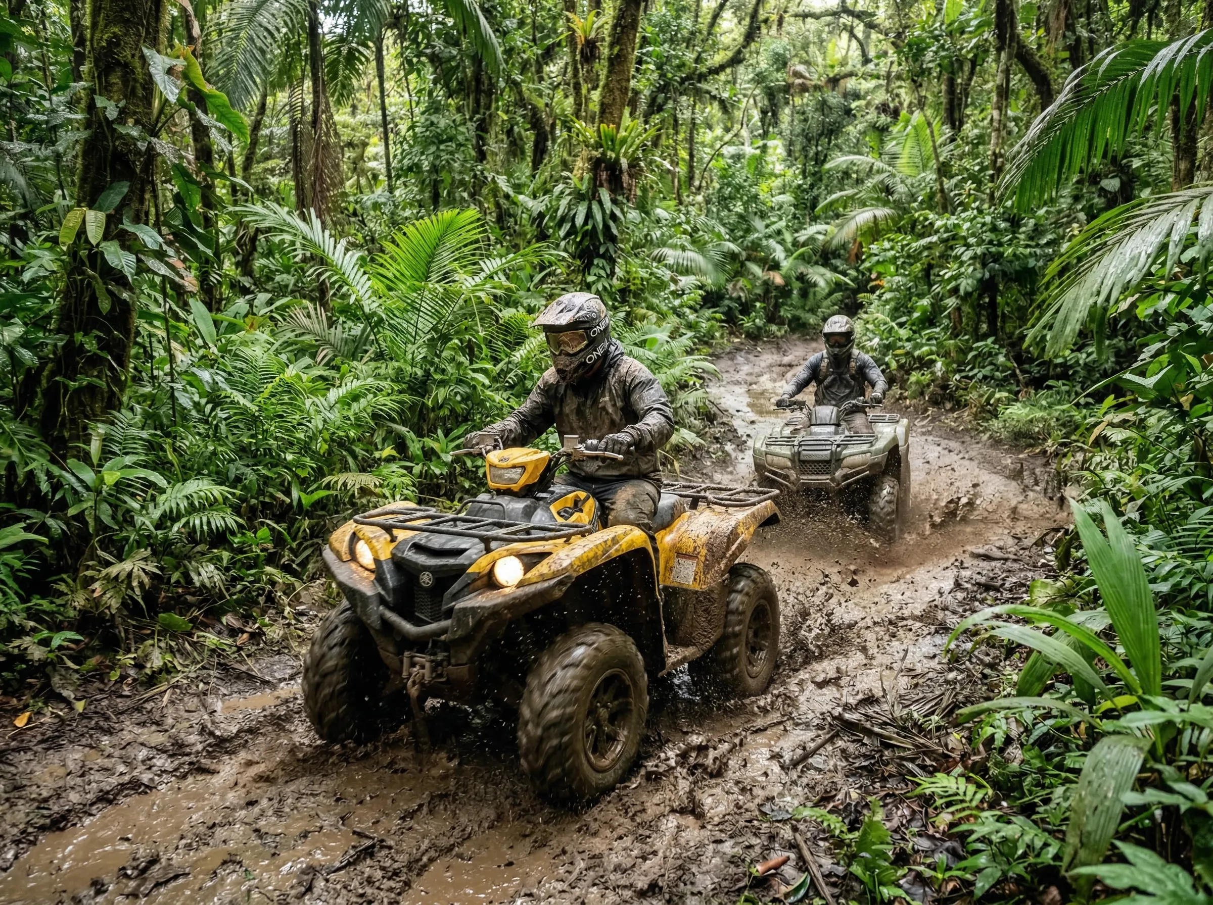 ATVs blasting through a tropical jungle trail with mud flying