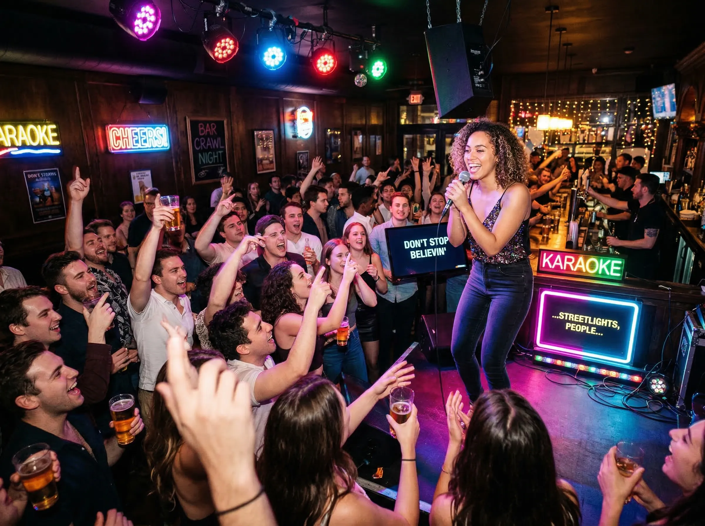 Energetic karaoke bar night on bar crawl