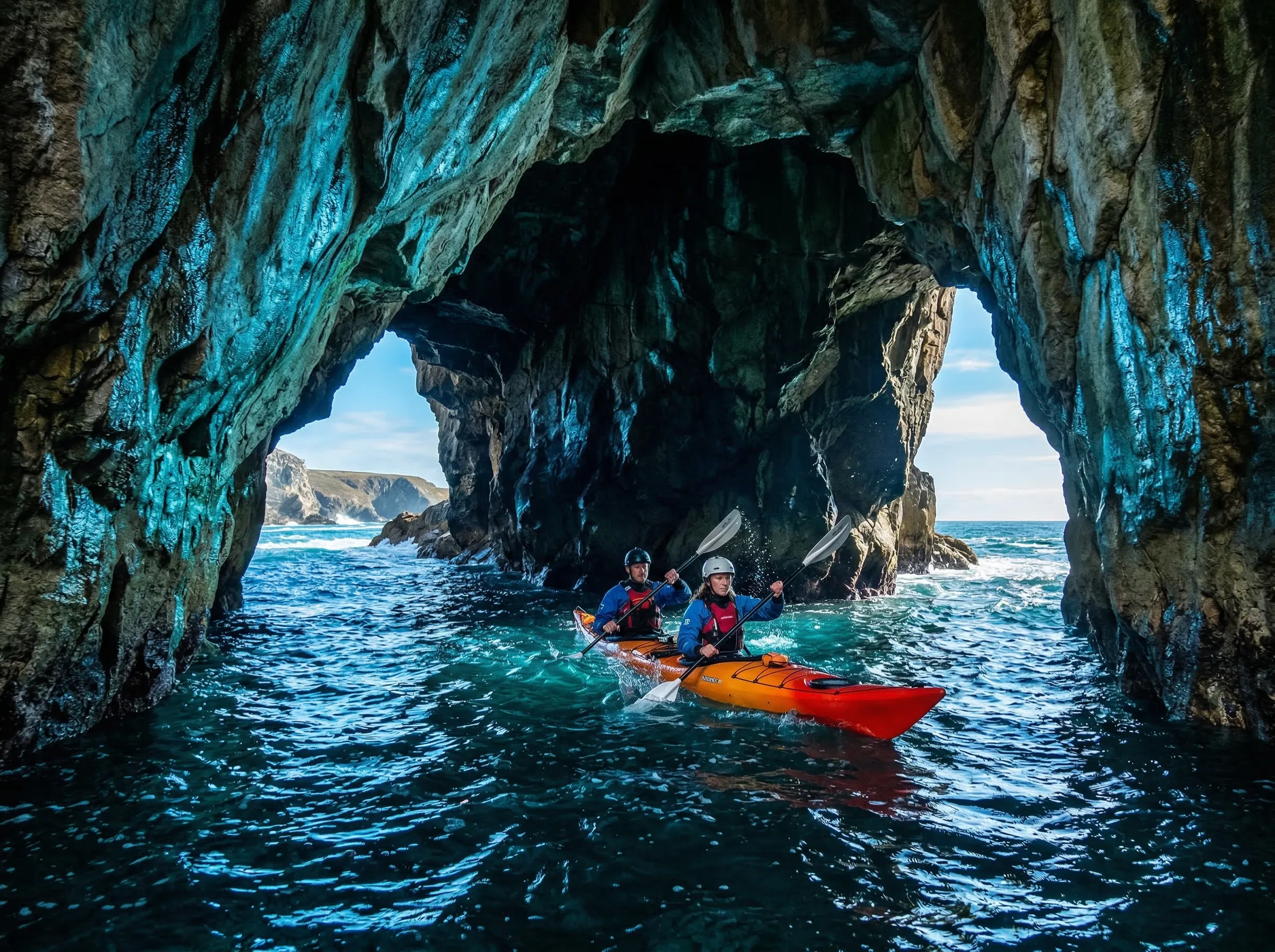 Kayakers exploring a dramatic sea cave