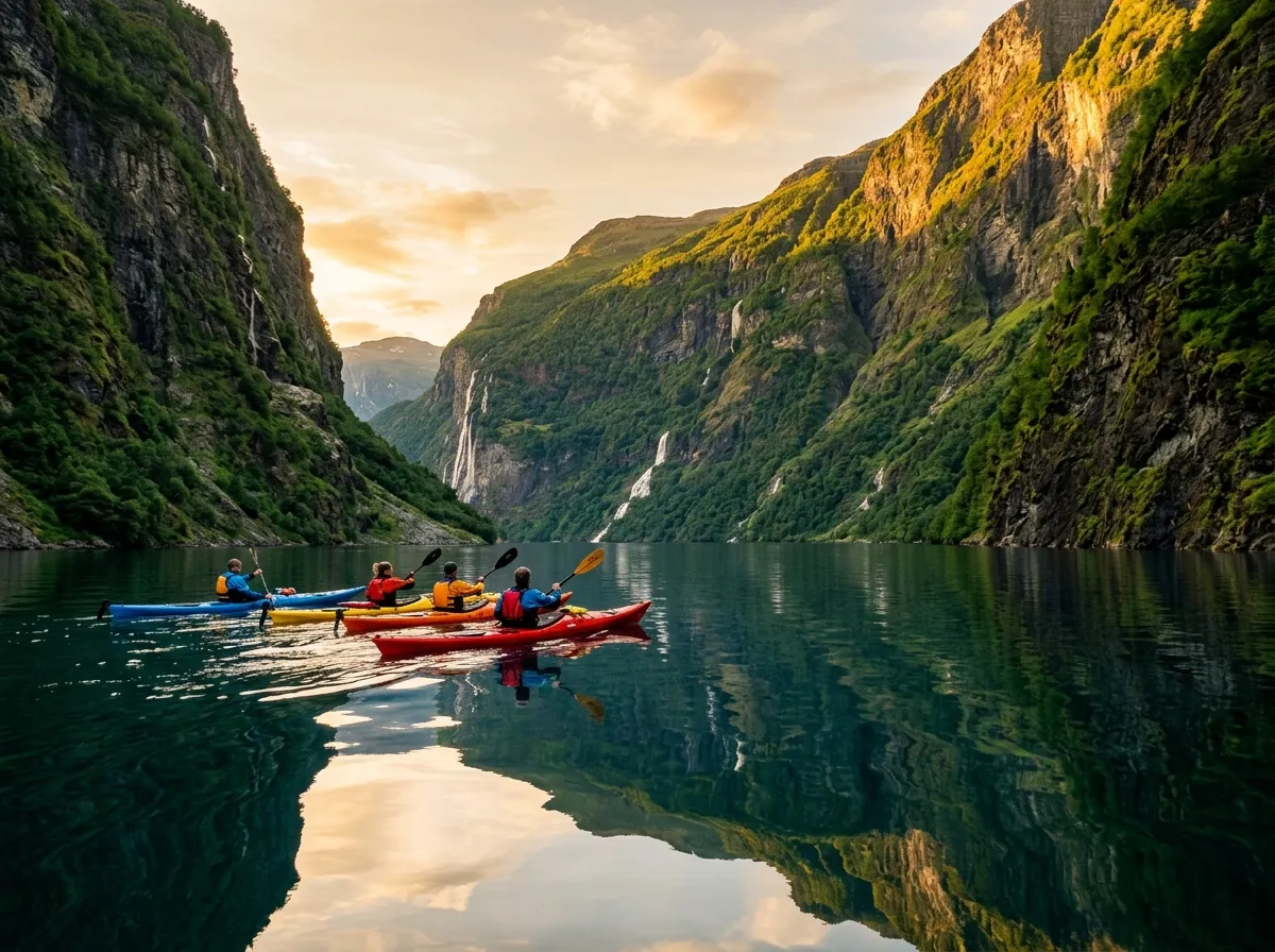 Kayakers paddling through a dramatic fjord on a multi-day expedition