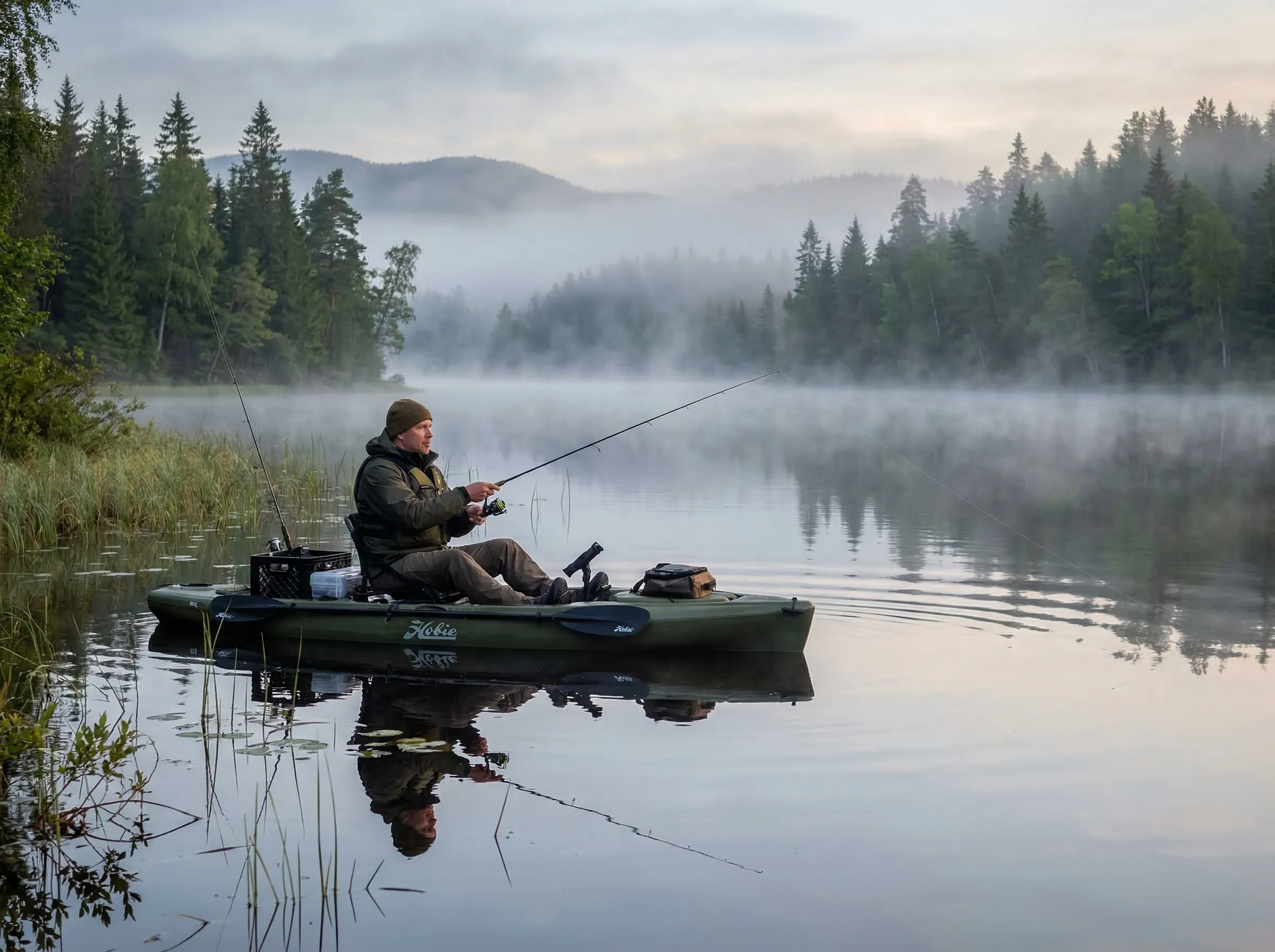 Fishing from a kayak on a calm freshwater lake