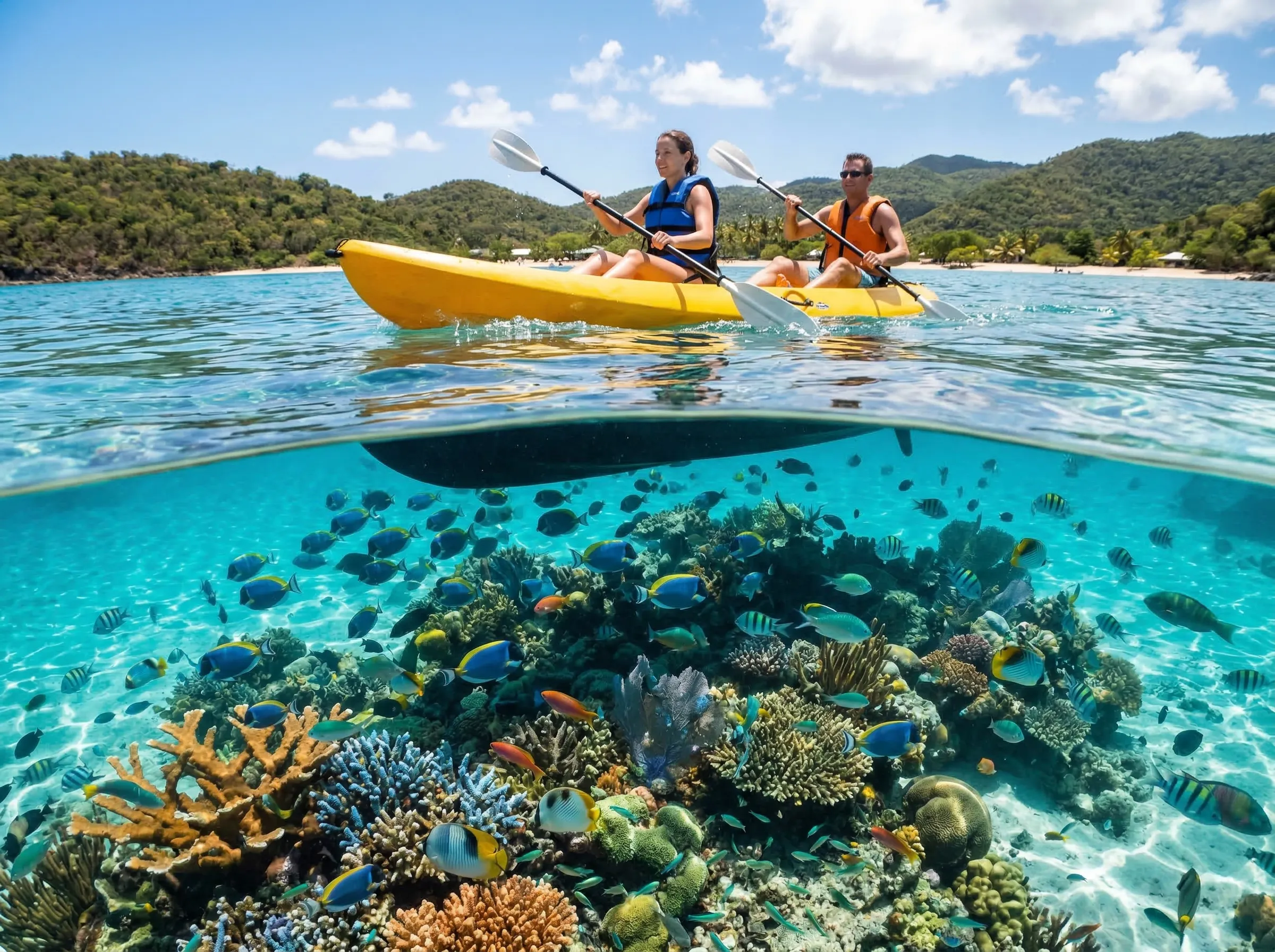 Kayak and snorkel combo over coral reef