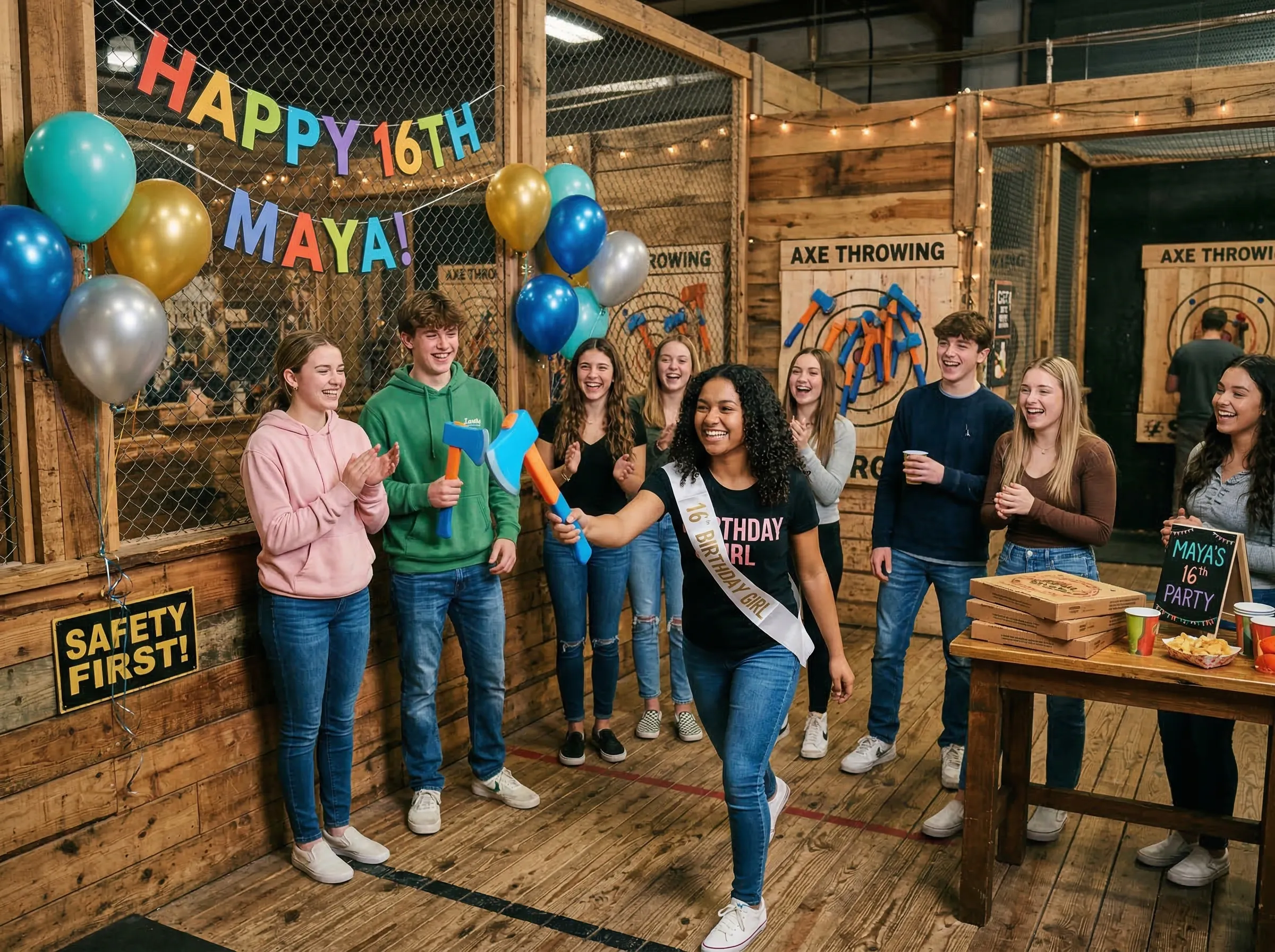 Birthday party for teenagers with foam axes for safety