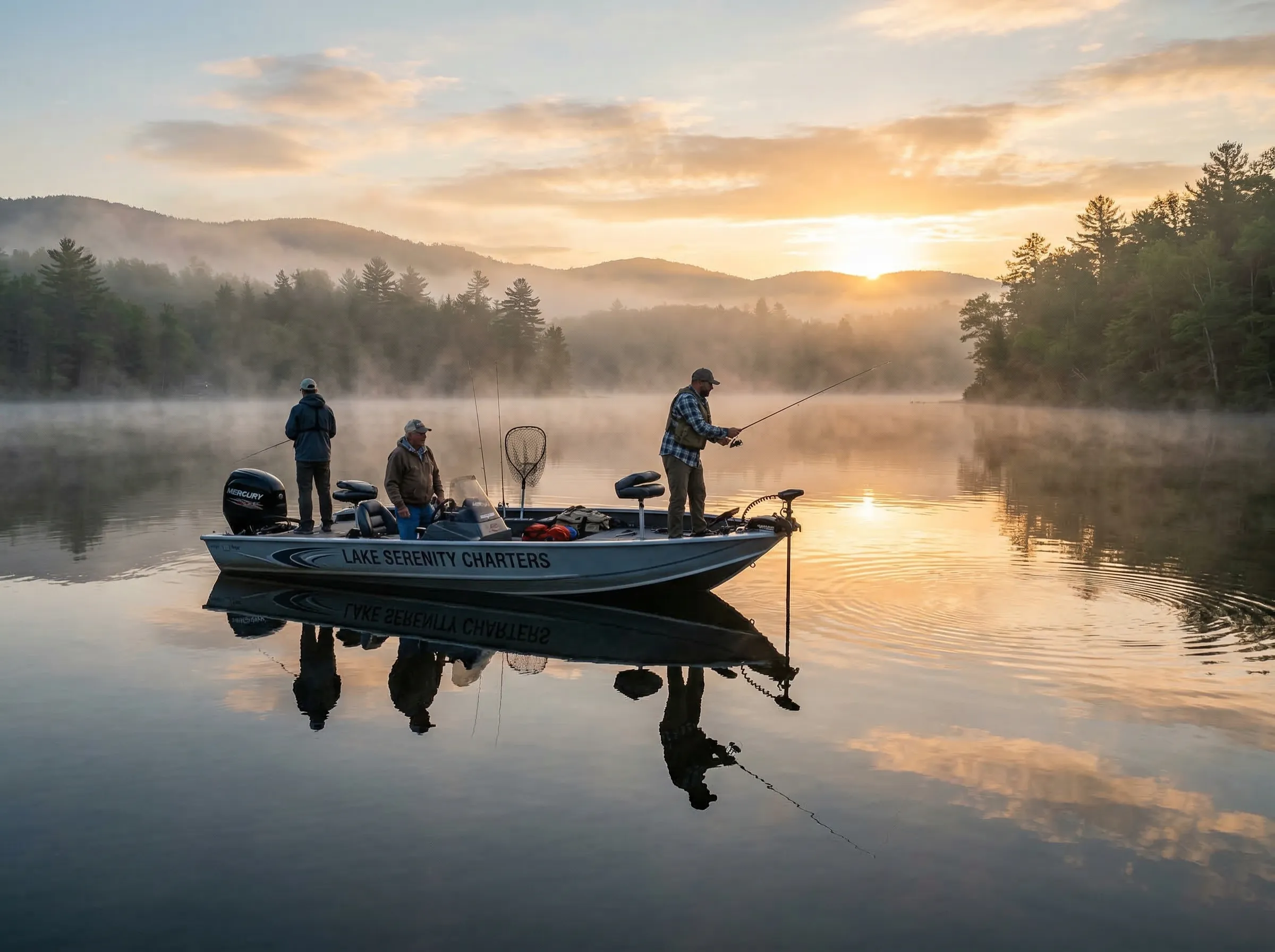 Freshwater bass fishing on a calm lake at sunrise