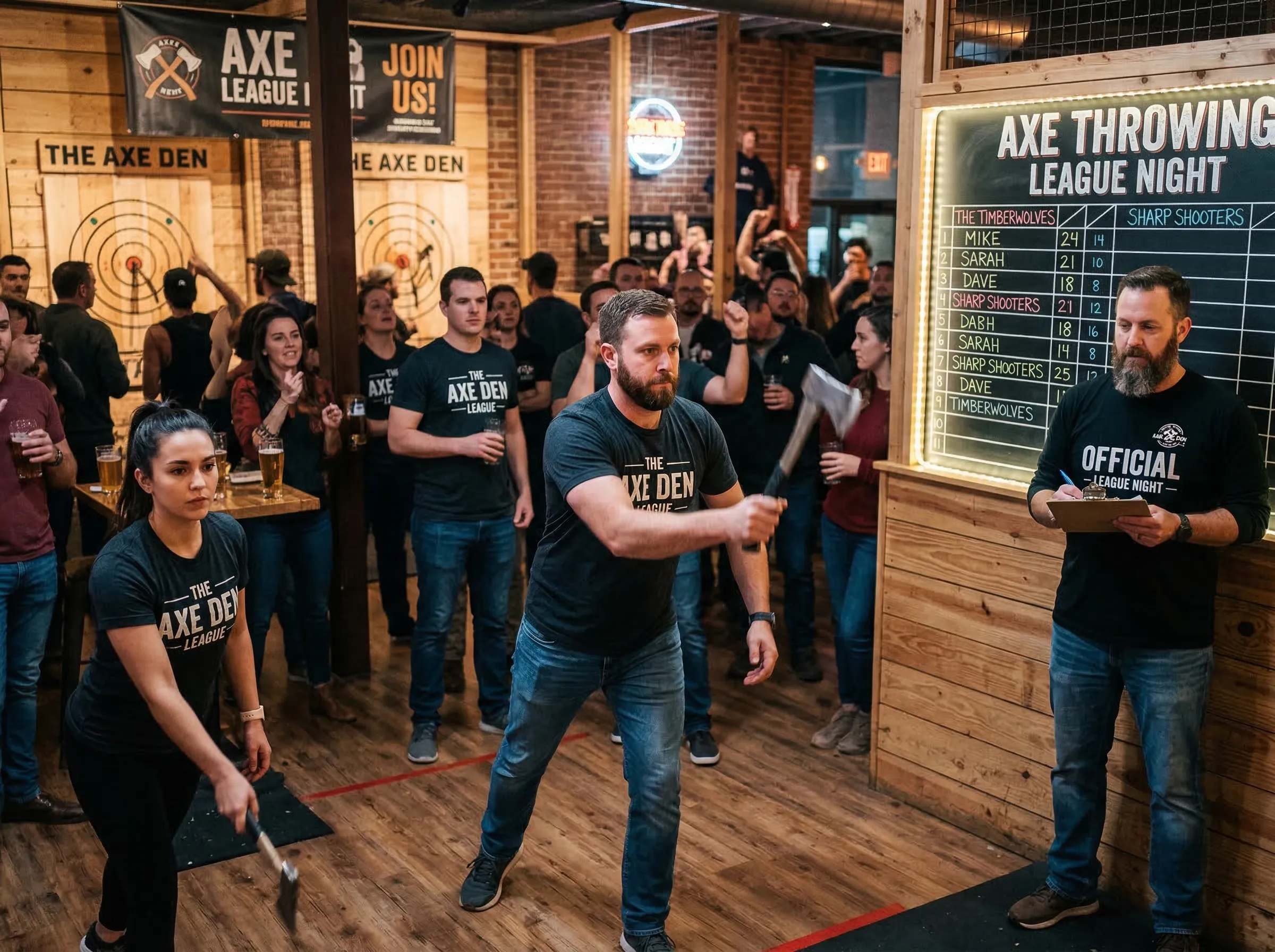 Axe throwing league night with competitive atmosphere