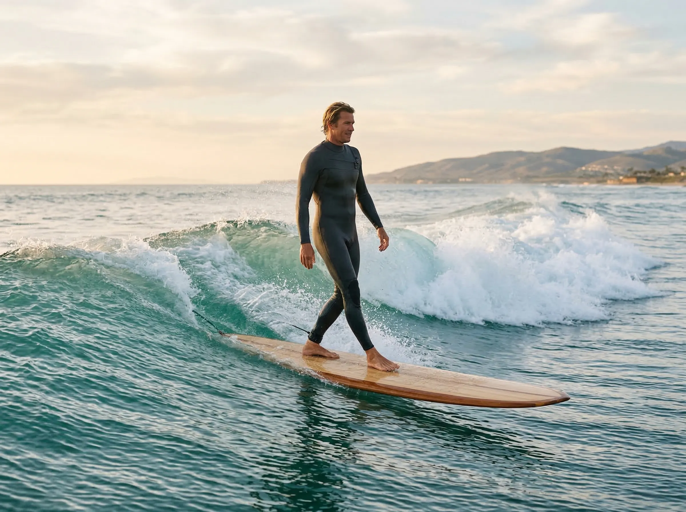 Surfer walking to the nose of a longboard, hanging five