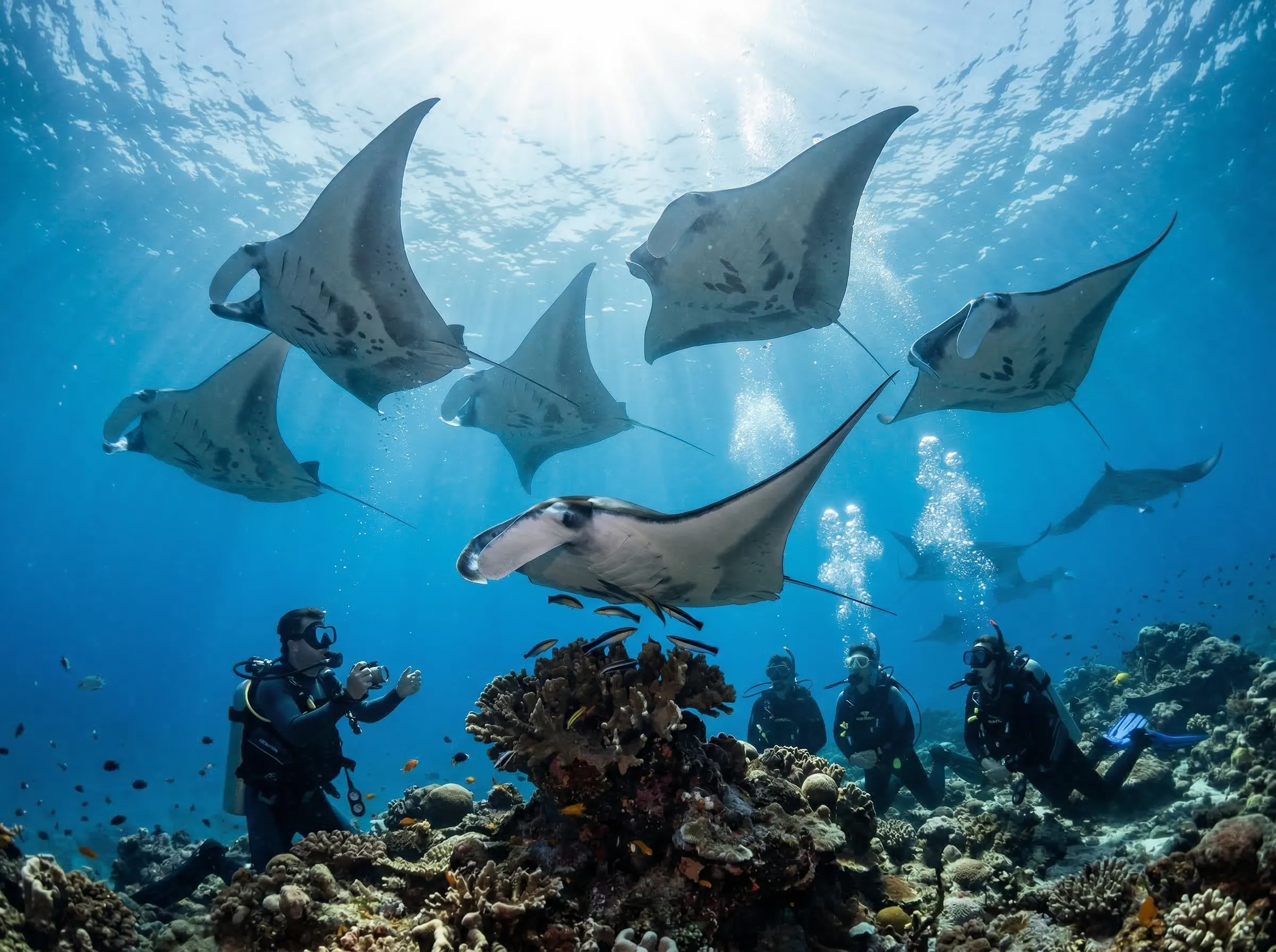 Large manta rays at a famous cleaning station