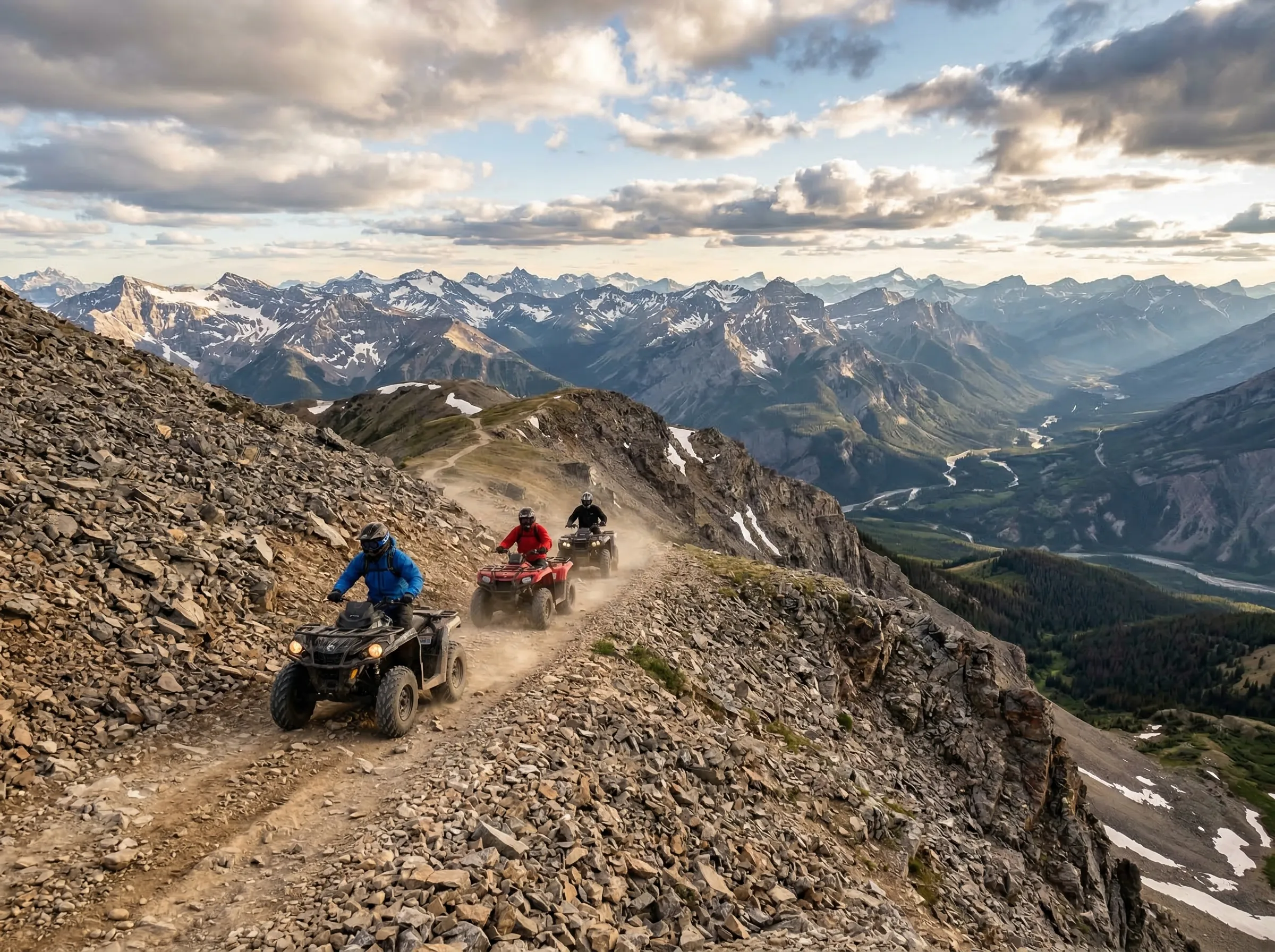 ATV riders on a high mountain ridge with panoramic views