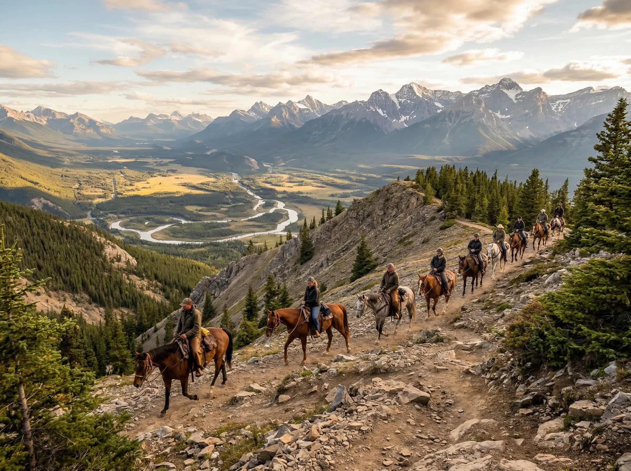 Trail ride group on horseback with sweeping valley views