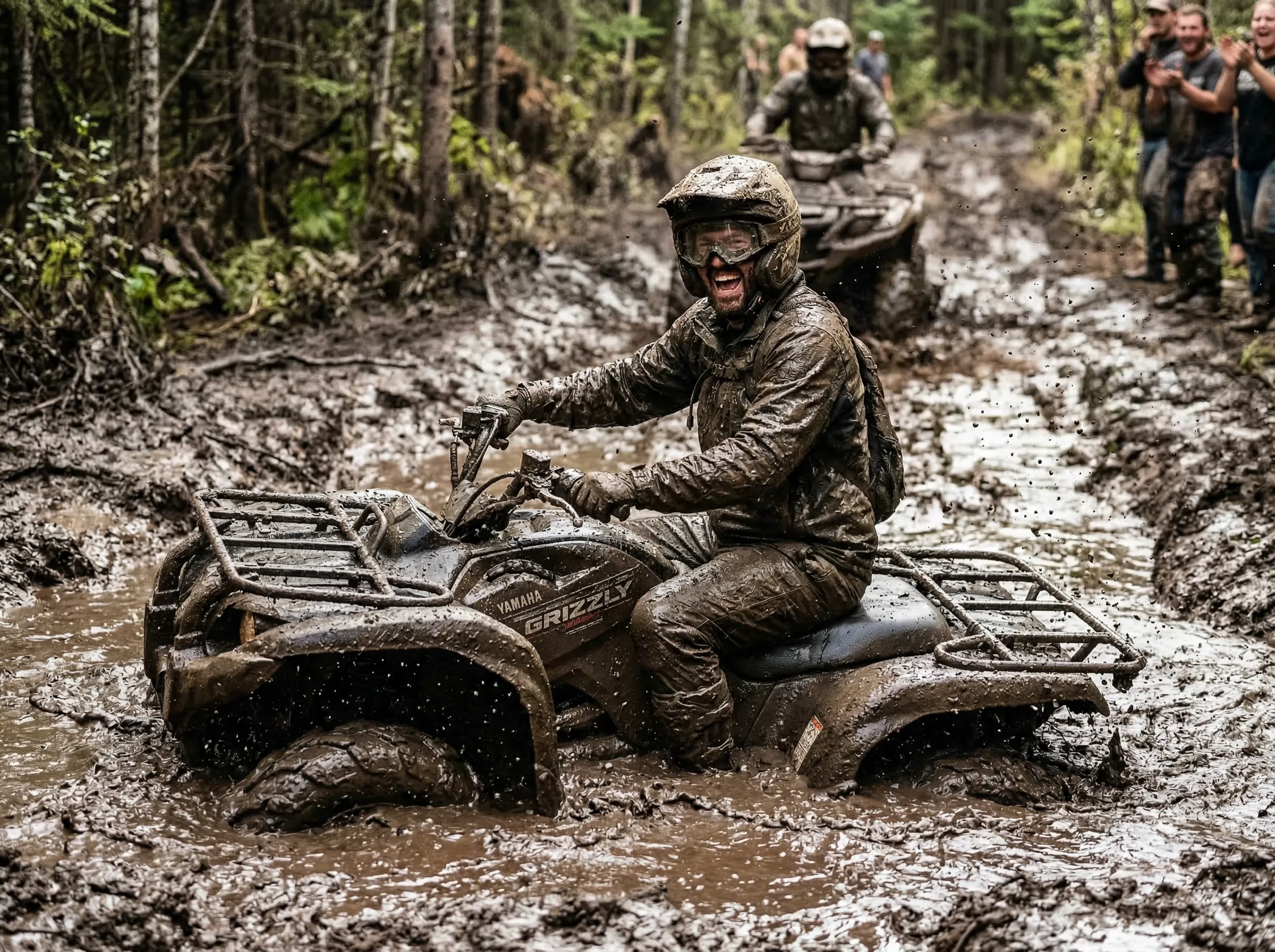ATV completely submerged in a mud bog crossing, rider laughing