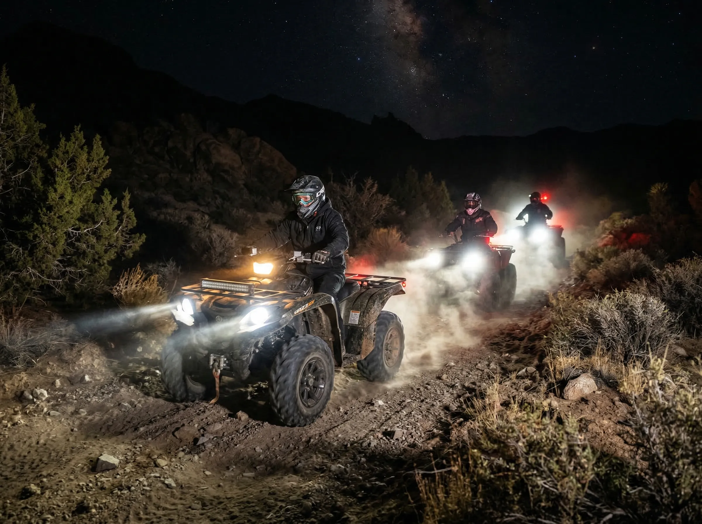 Dramatic night ATV ride with headlights cutting through darkness