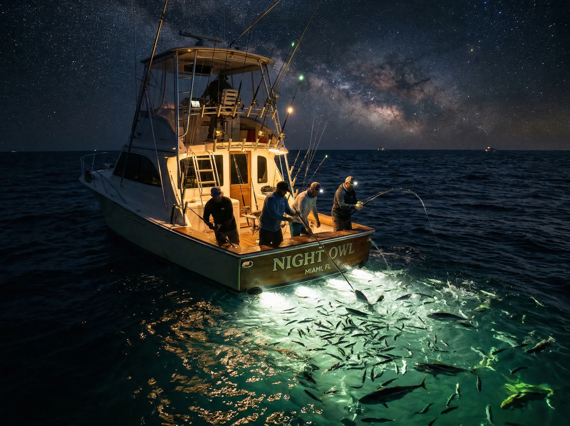 Night fishing charter with lights attracting fish