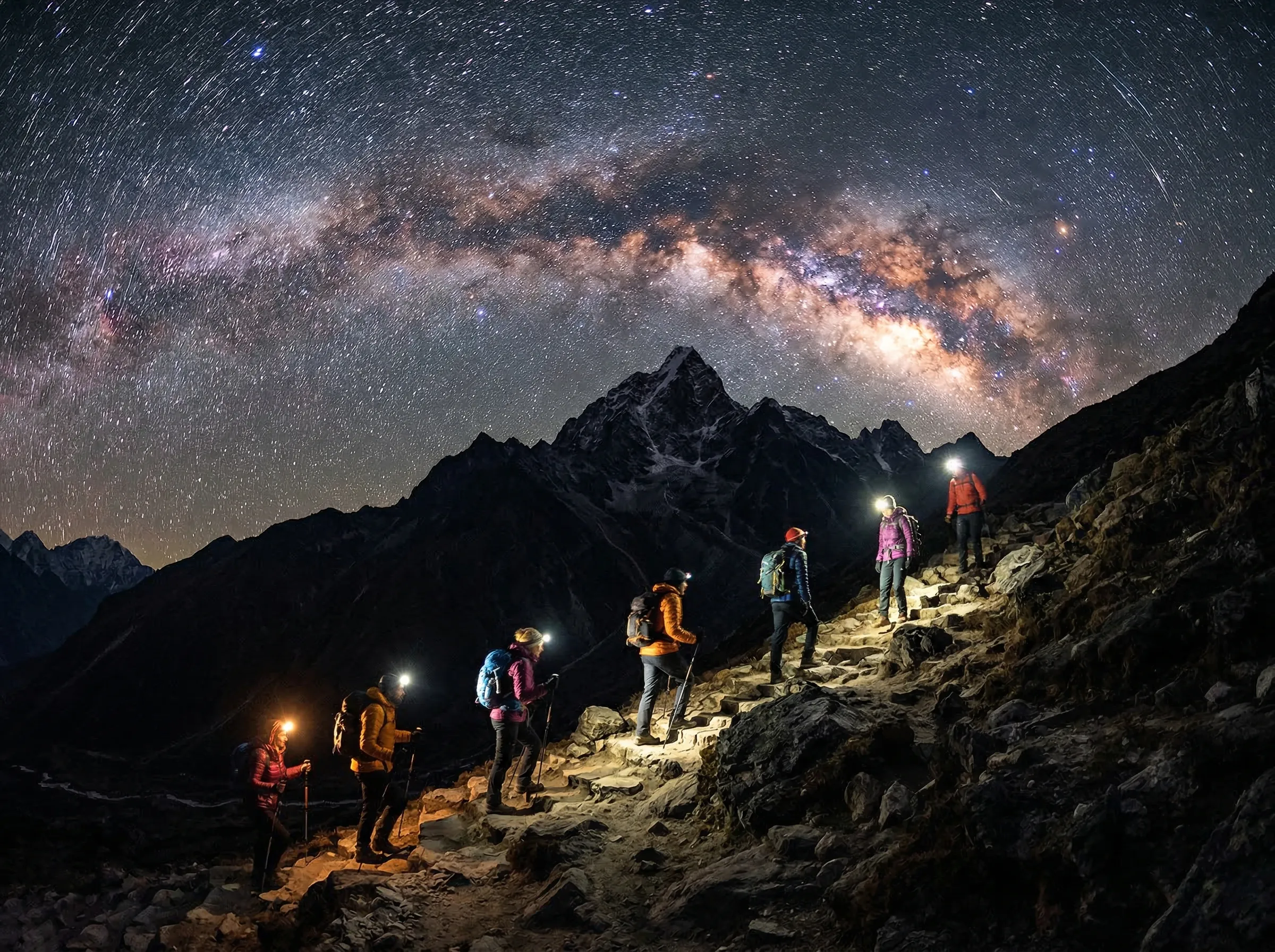 Night hike group under a spectacular Milky Way sky