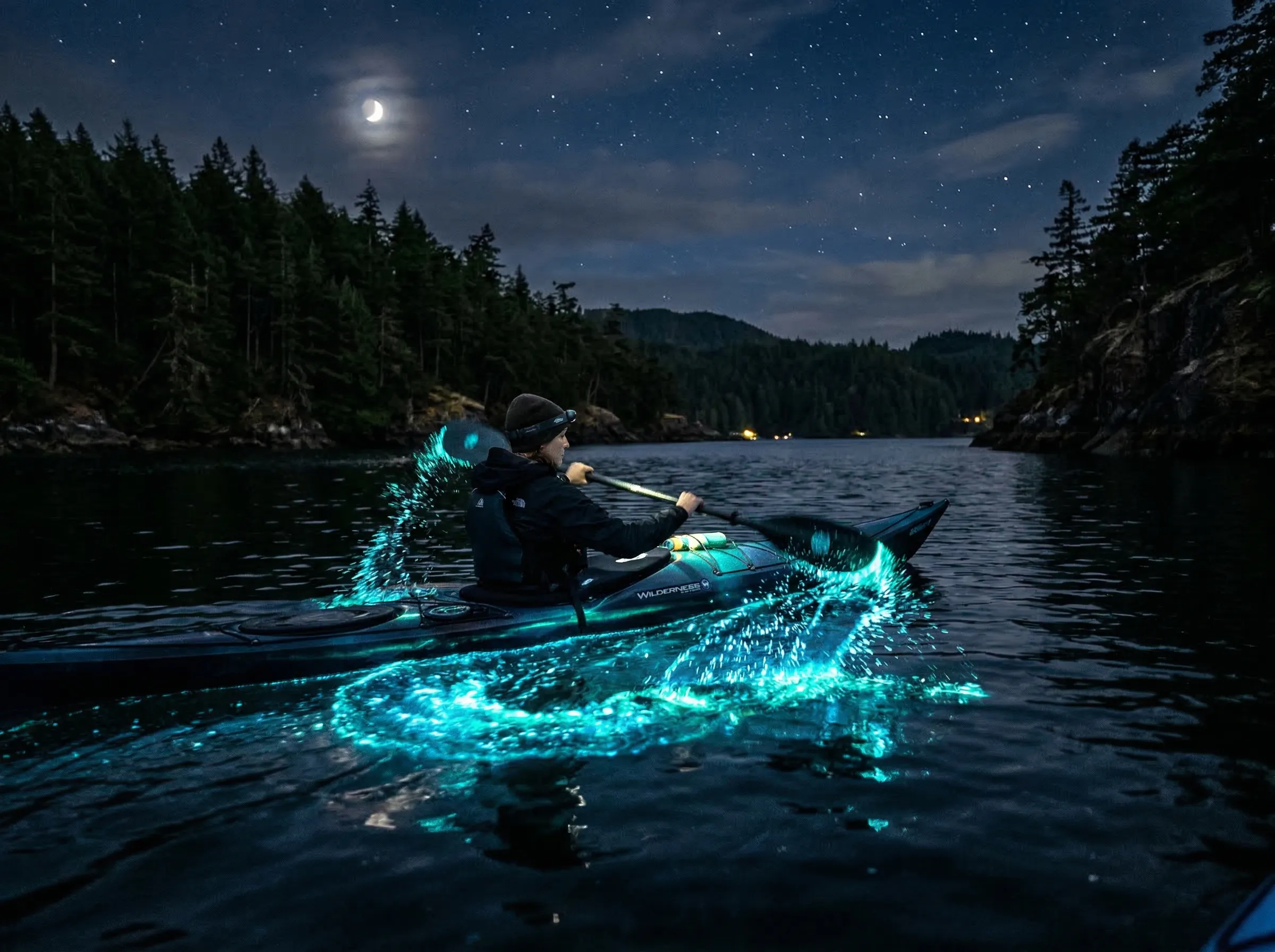 Bioluminescent night kayaking with glowing water