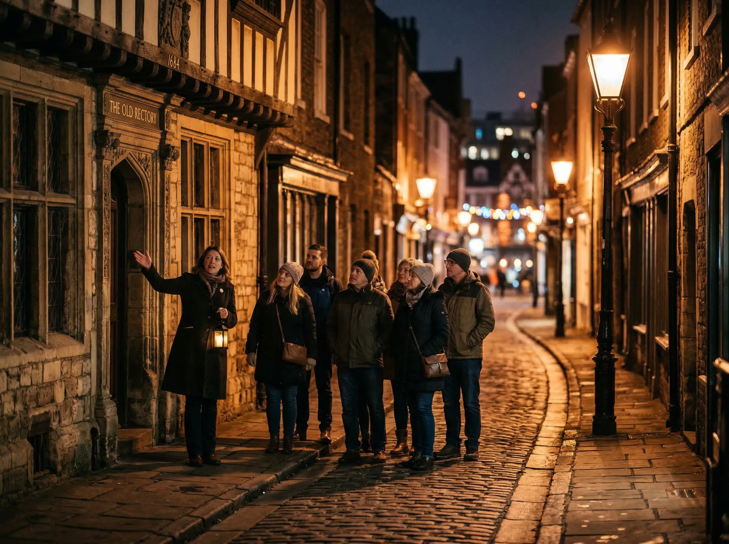 Walking tour group through illuminated cobblestone streets at night