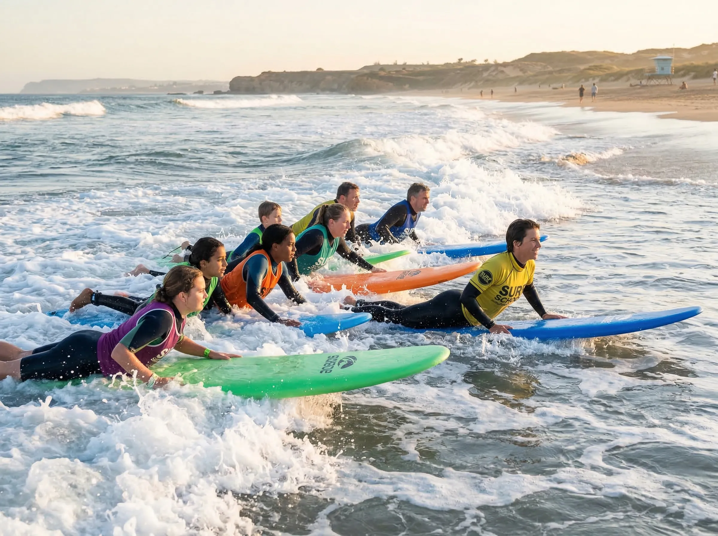 Surf school group paddling out together through the surf