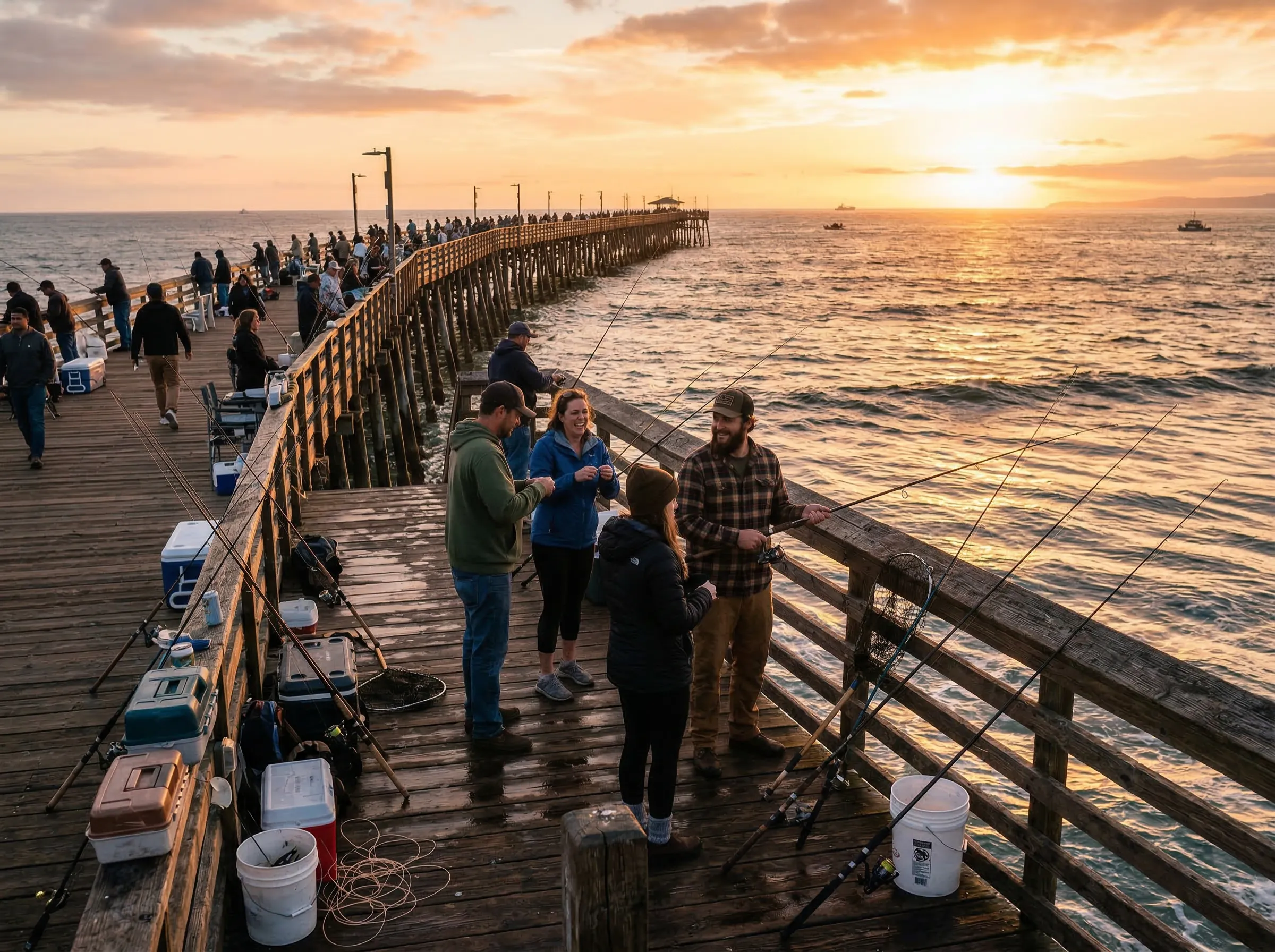 Fishing from a long pier at golden hour