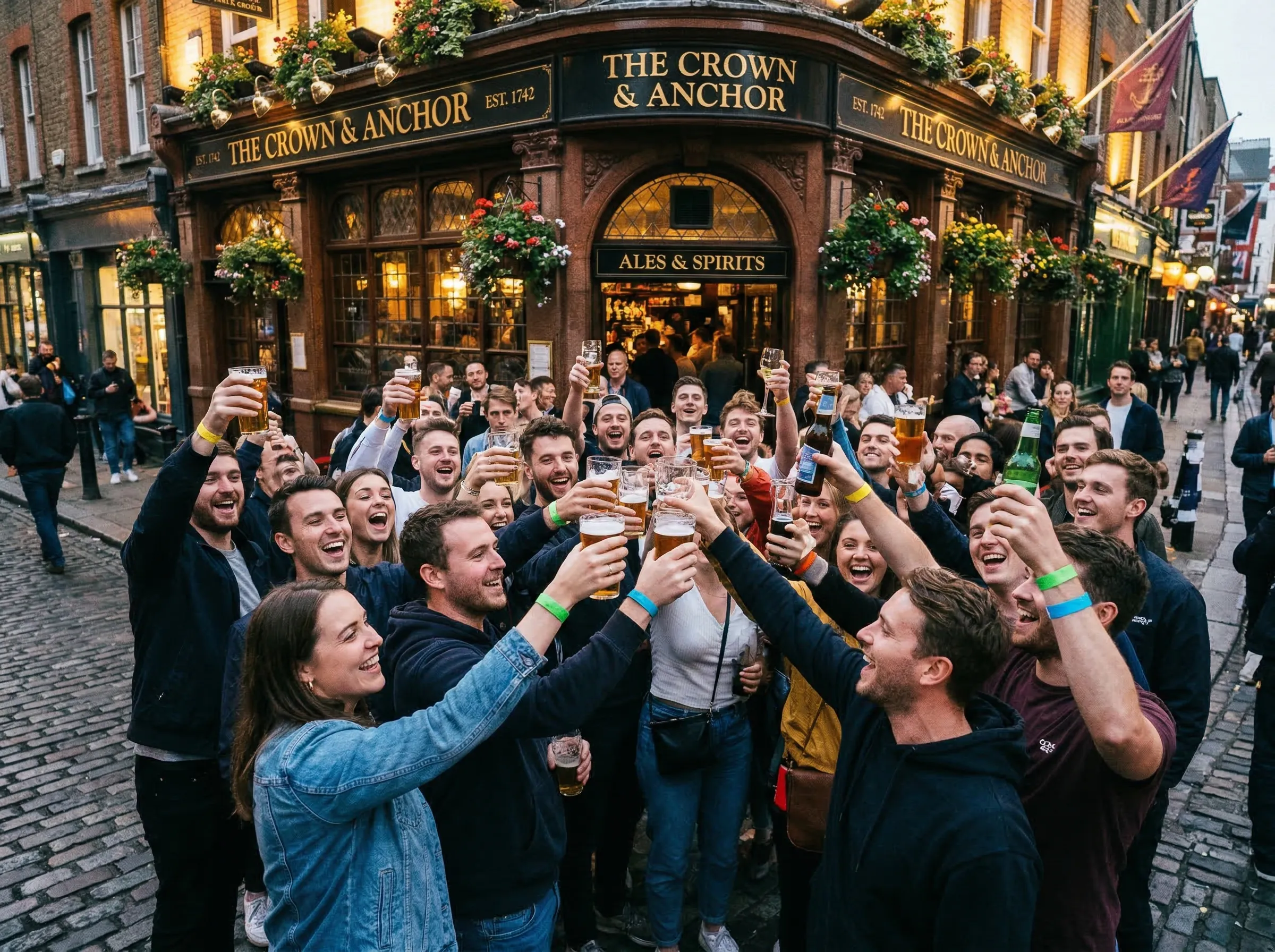 Large group toasting outside a classic pub