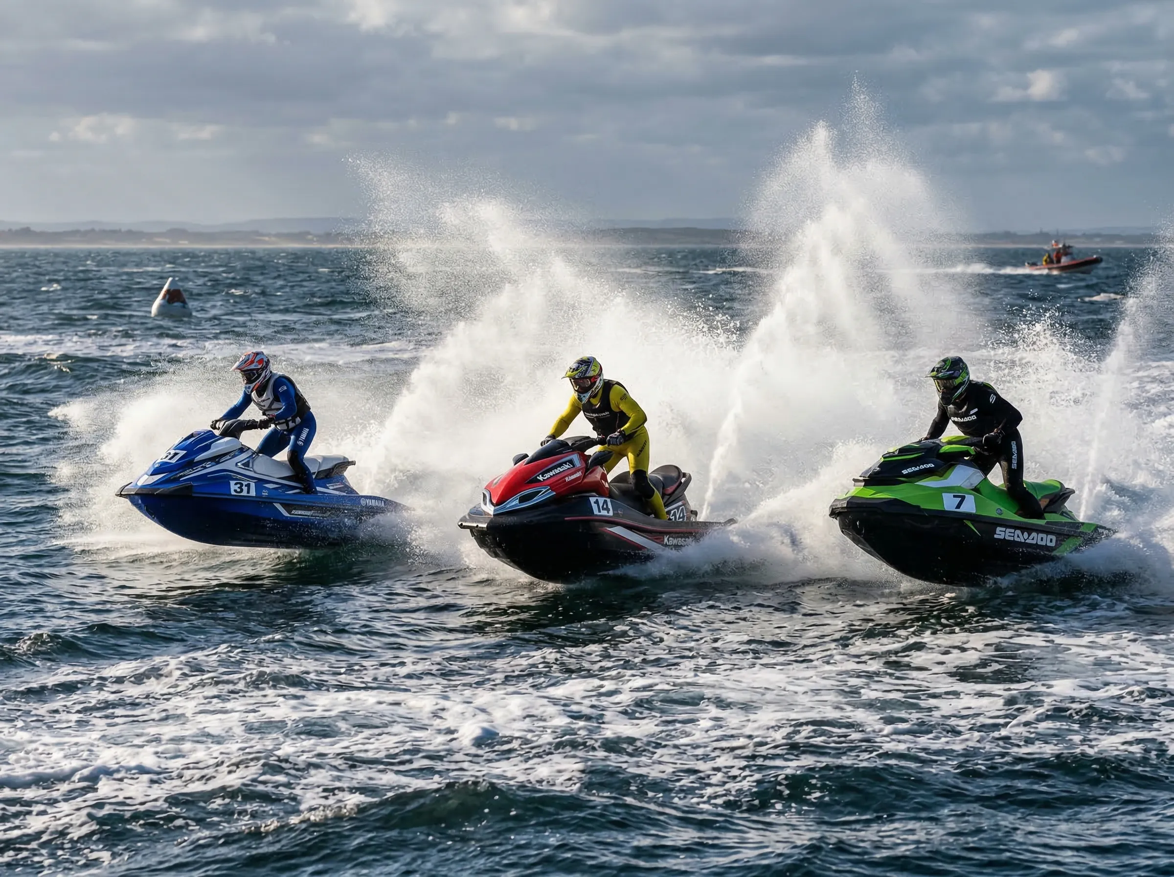Multiple jet skis racing across open water