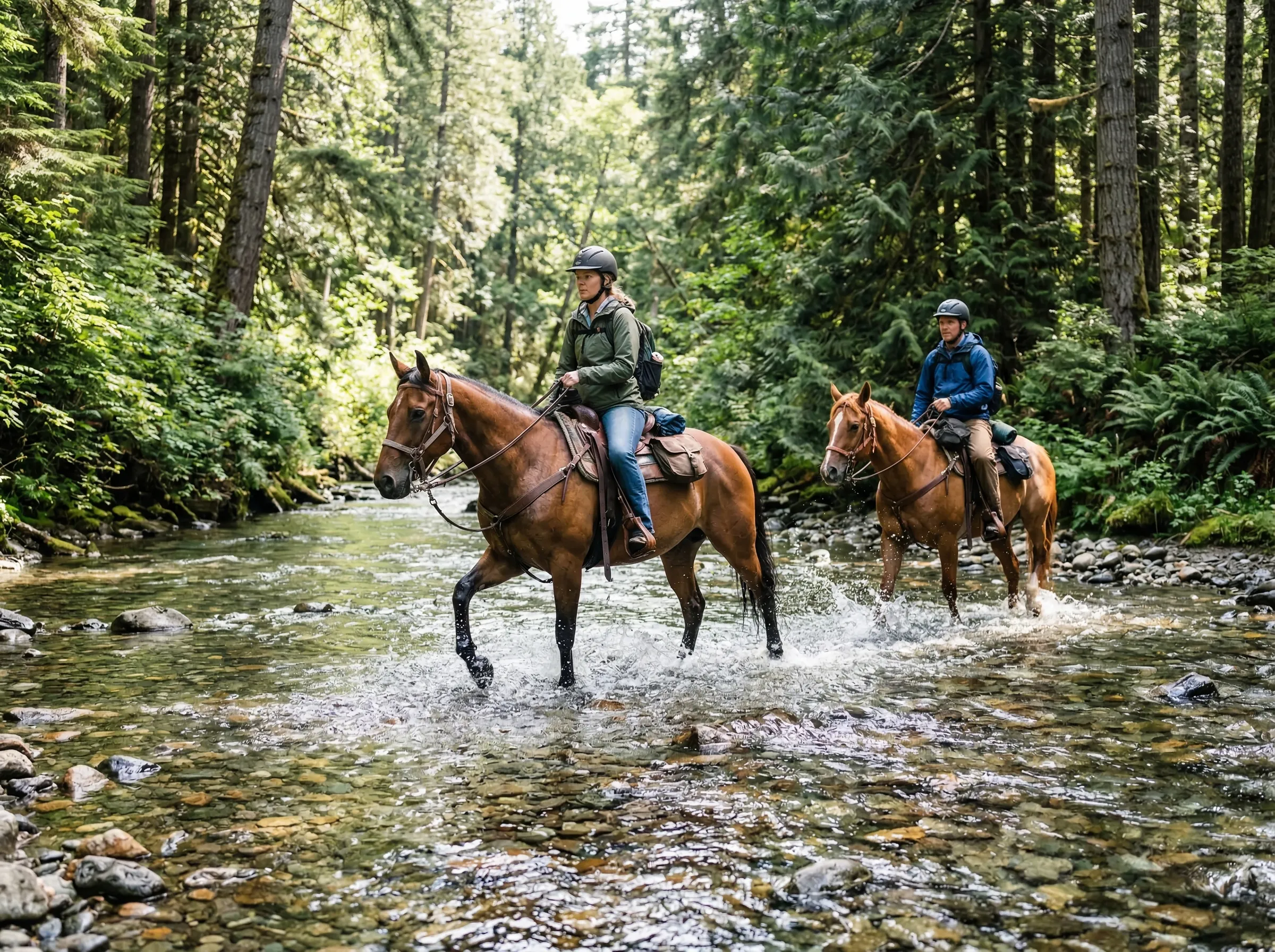 Two riders on horseback crossing a shallow mountain river