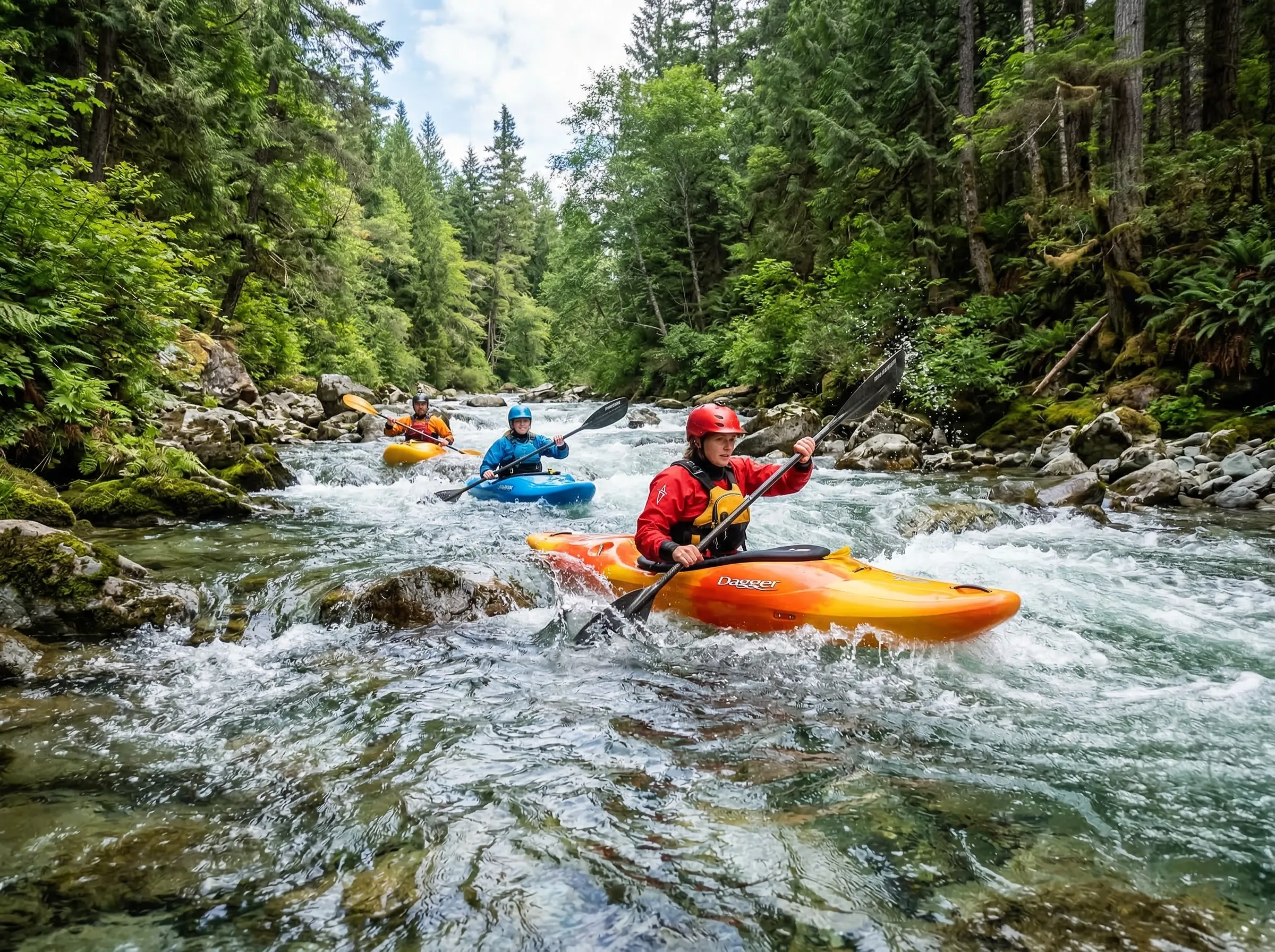 Kayakers navigating a clear mountain river
