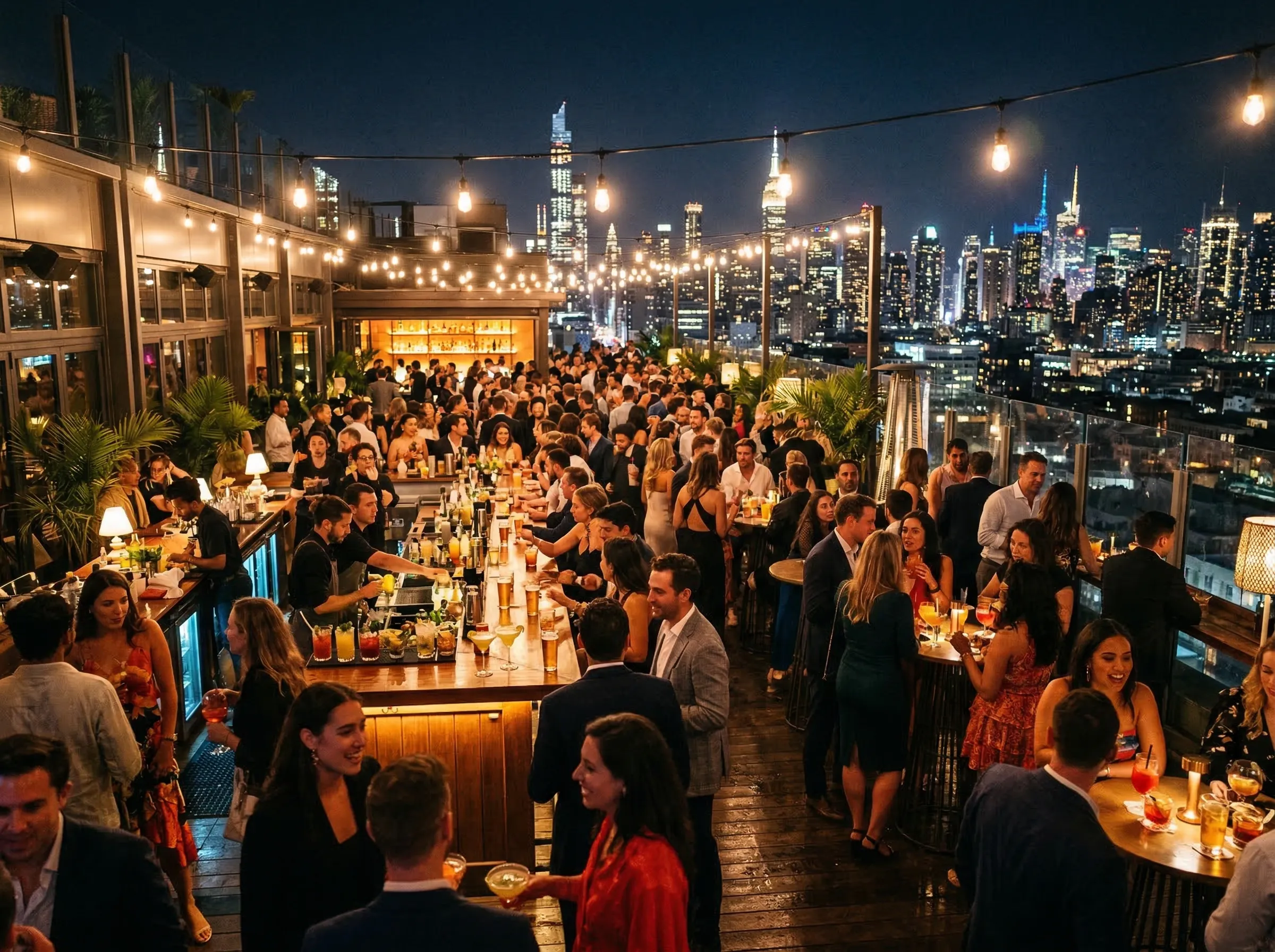 Crowded rooftop bar with city skyline views