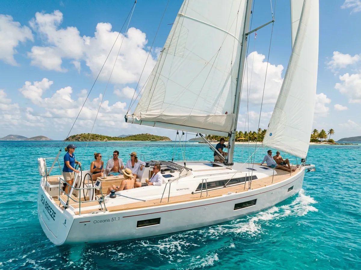 Multi-day sailing charter cutting through turquoise waters