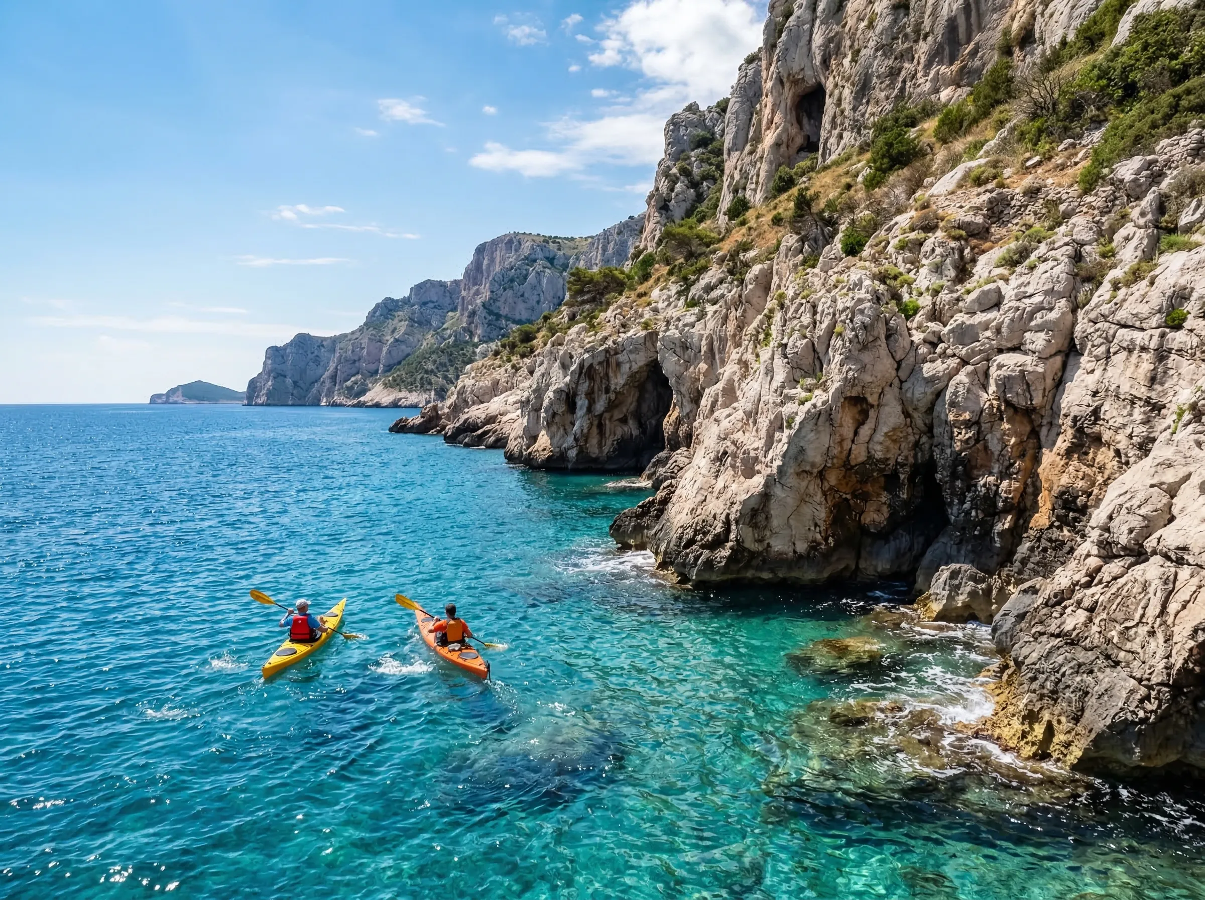 Sea kayakers along dramatic limestone coastline