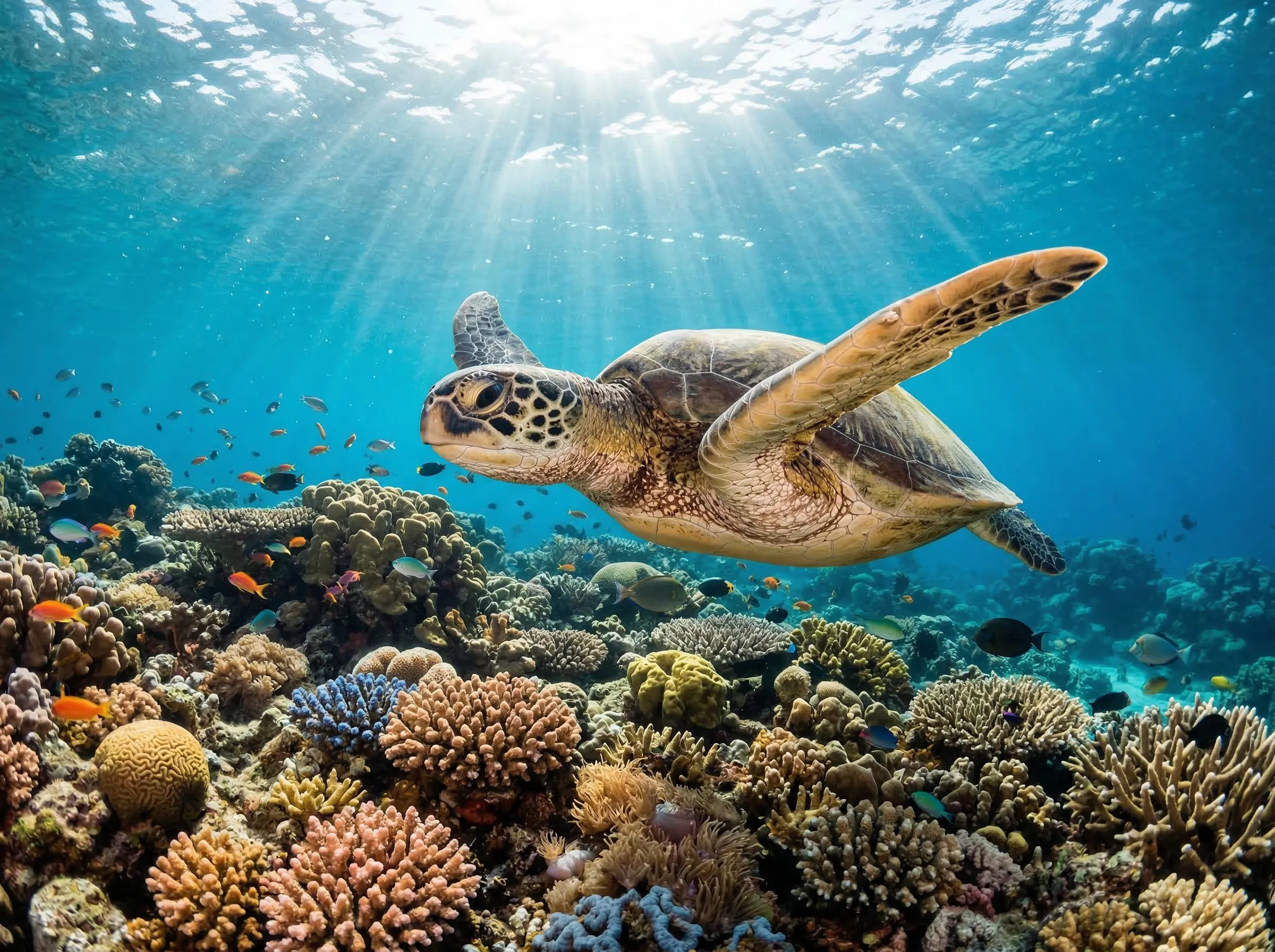 Green sea turtle swimming over a coral reef