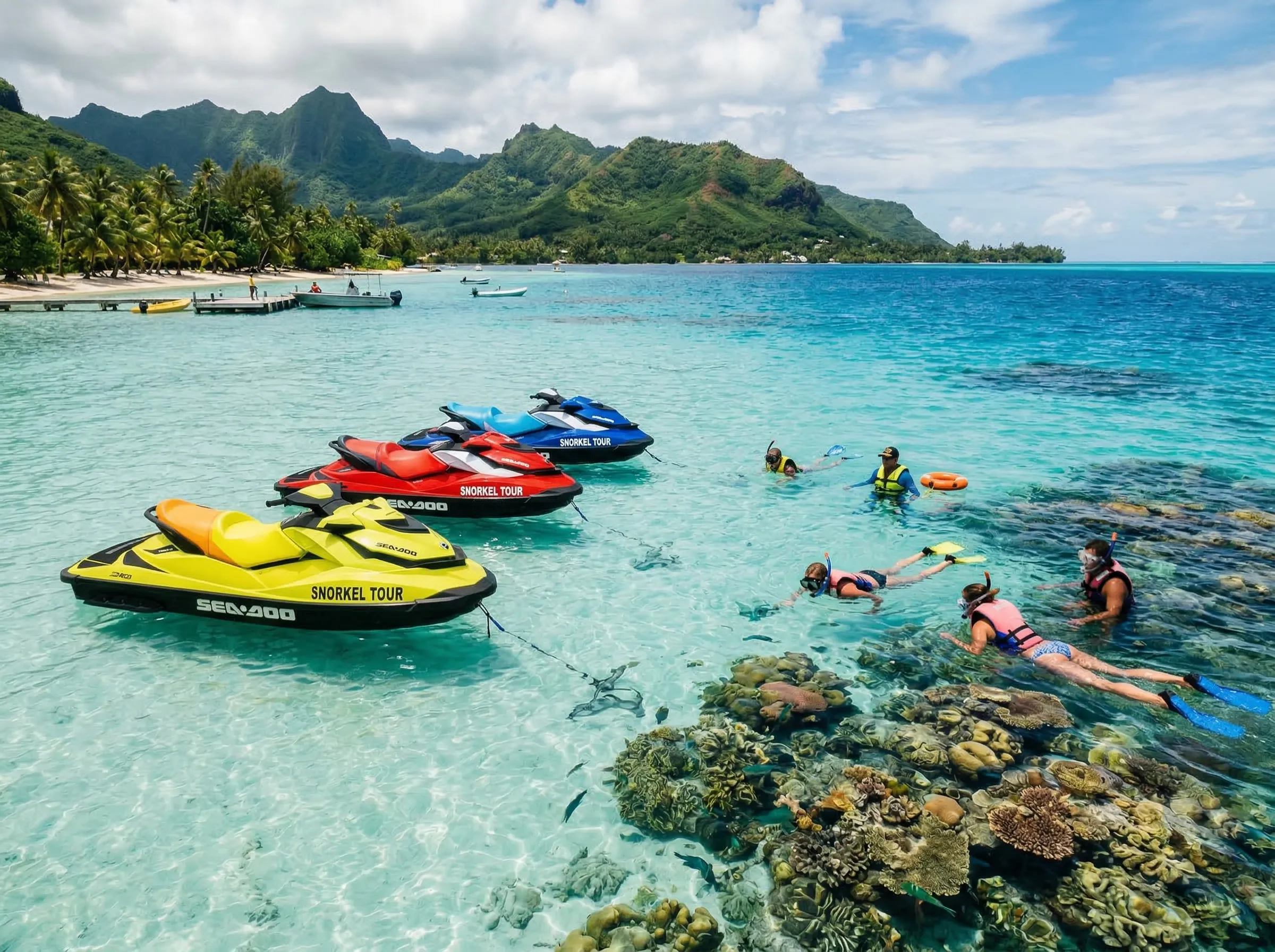 Jet ski and snorkel combo over coral reef