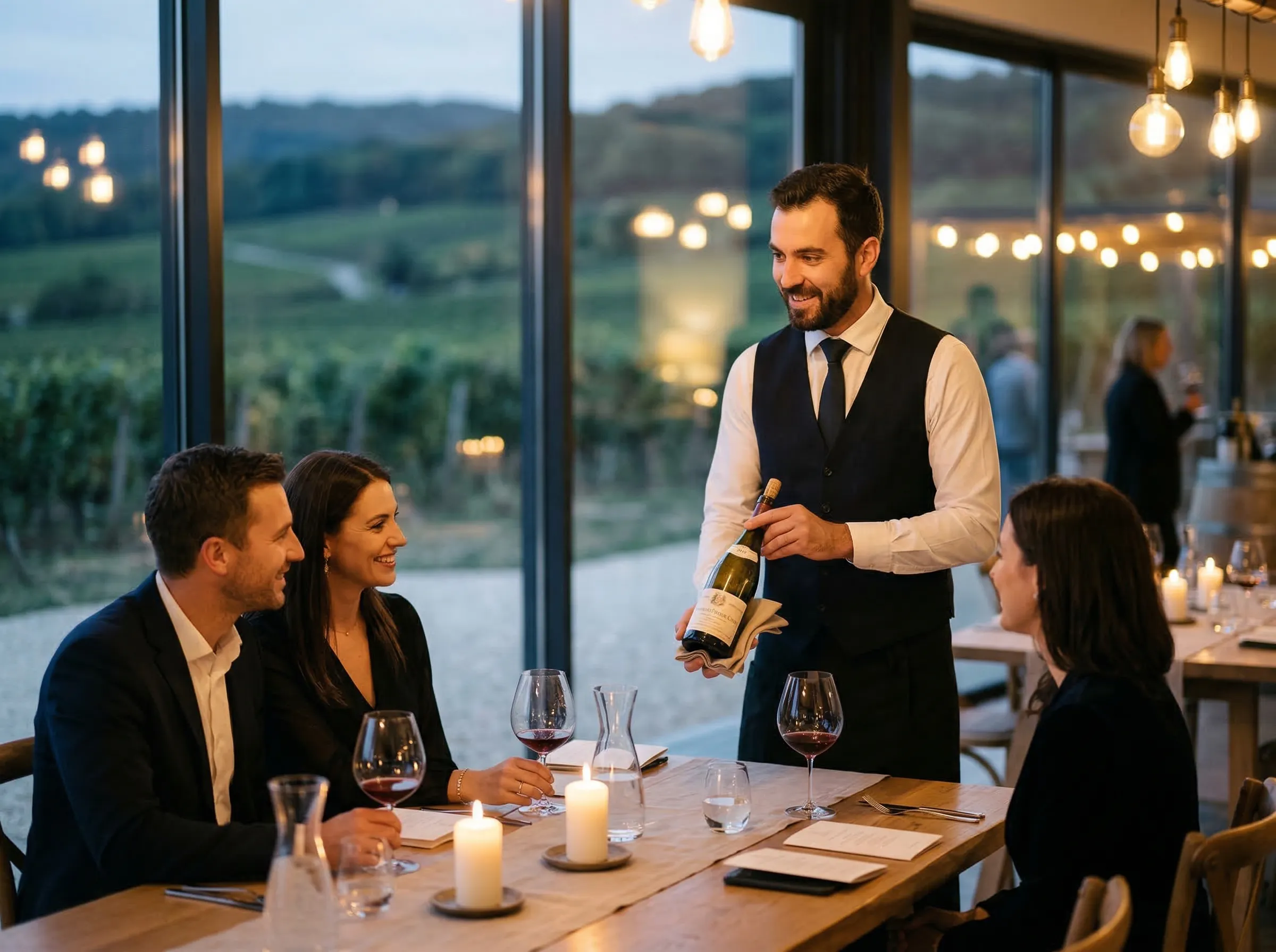 Professional sommelier presenting a bottle of aged Burgundy to guests