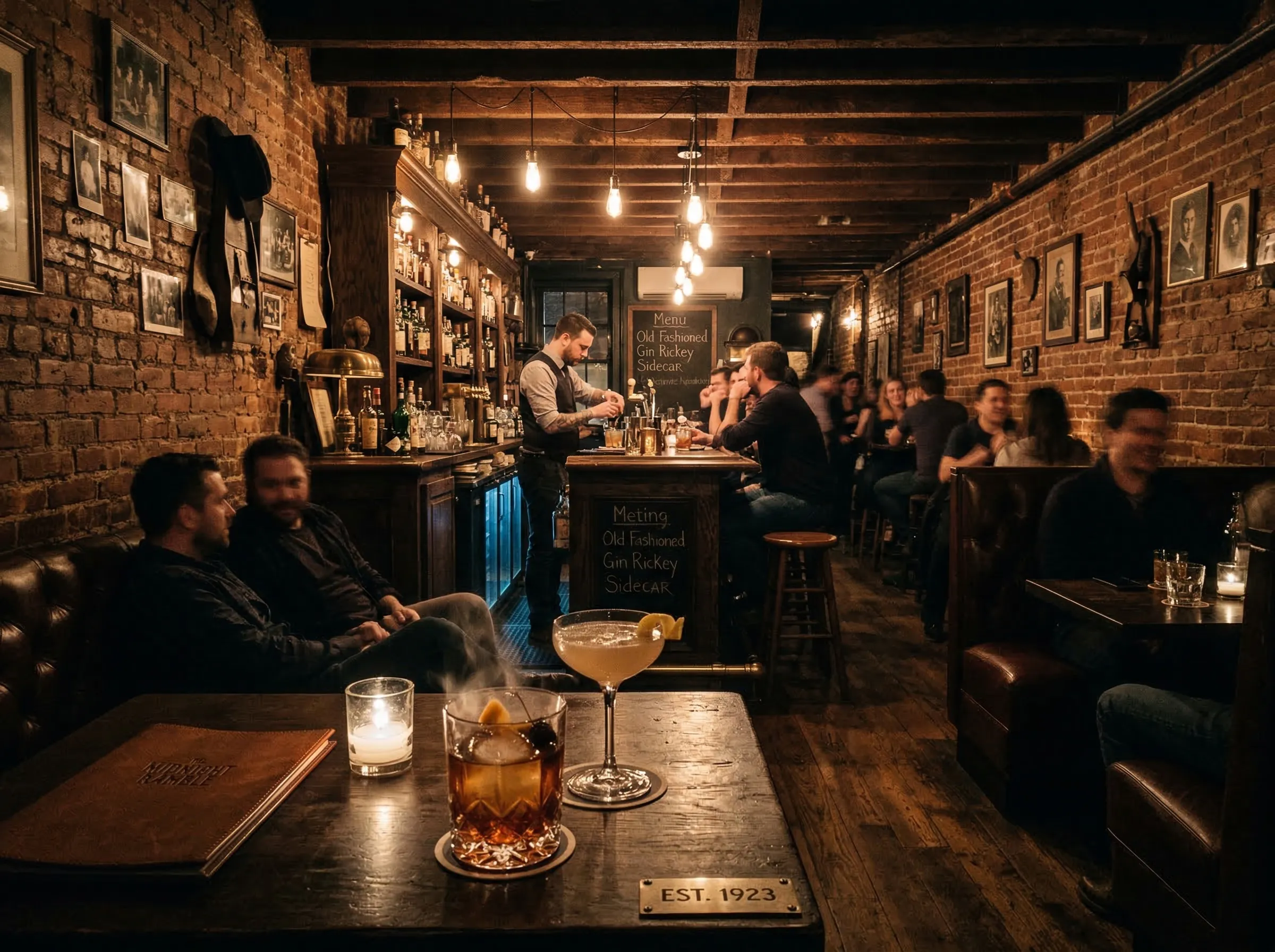 Hidden speakeasy-style bar with vintage cocktails
