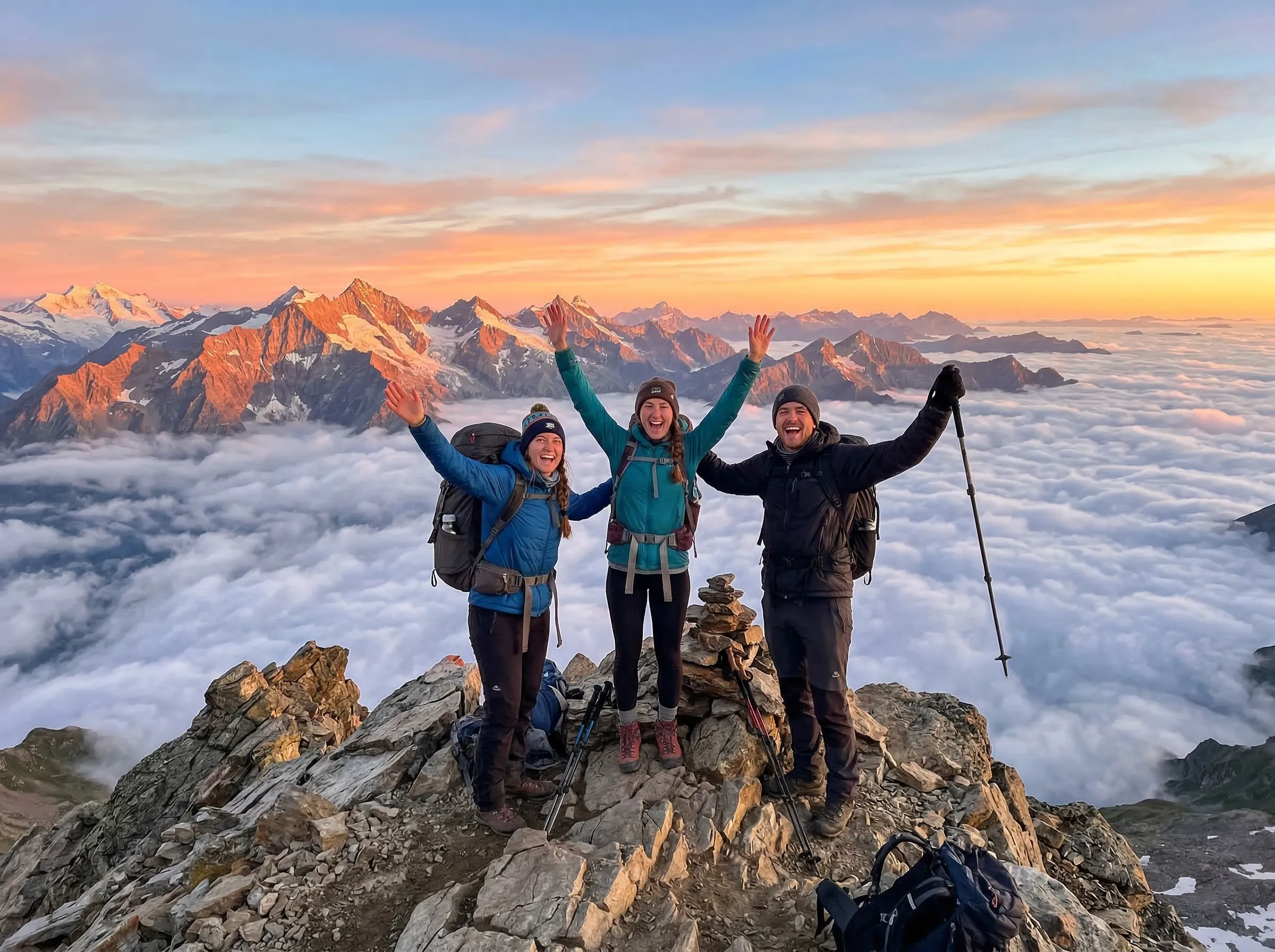 Hikers reaching a mountain summit at sunrise