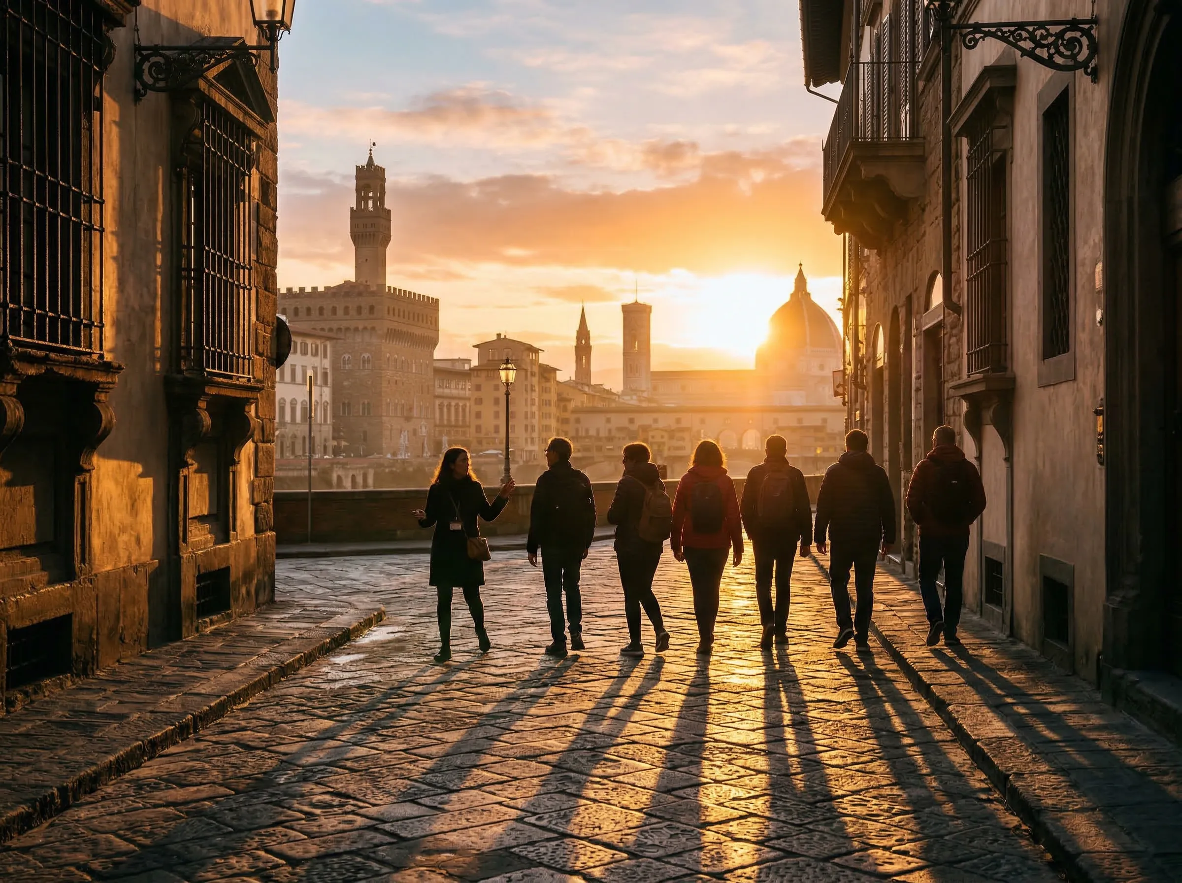 Early morning walking tour at sunrise in a beautiful city